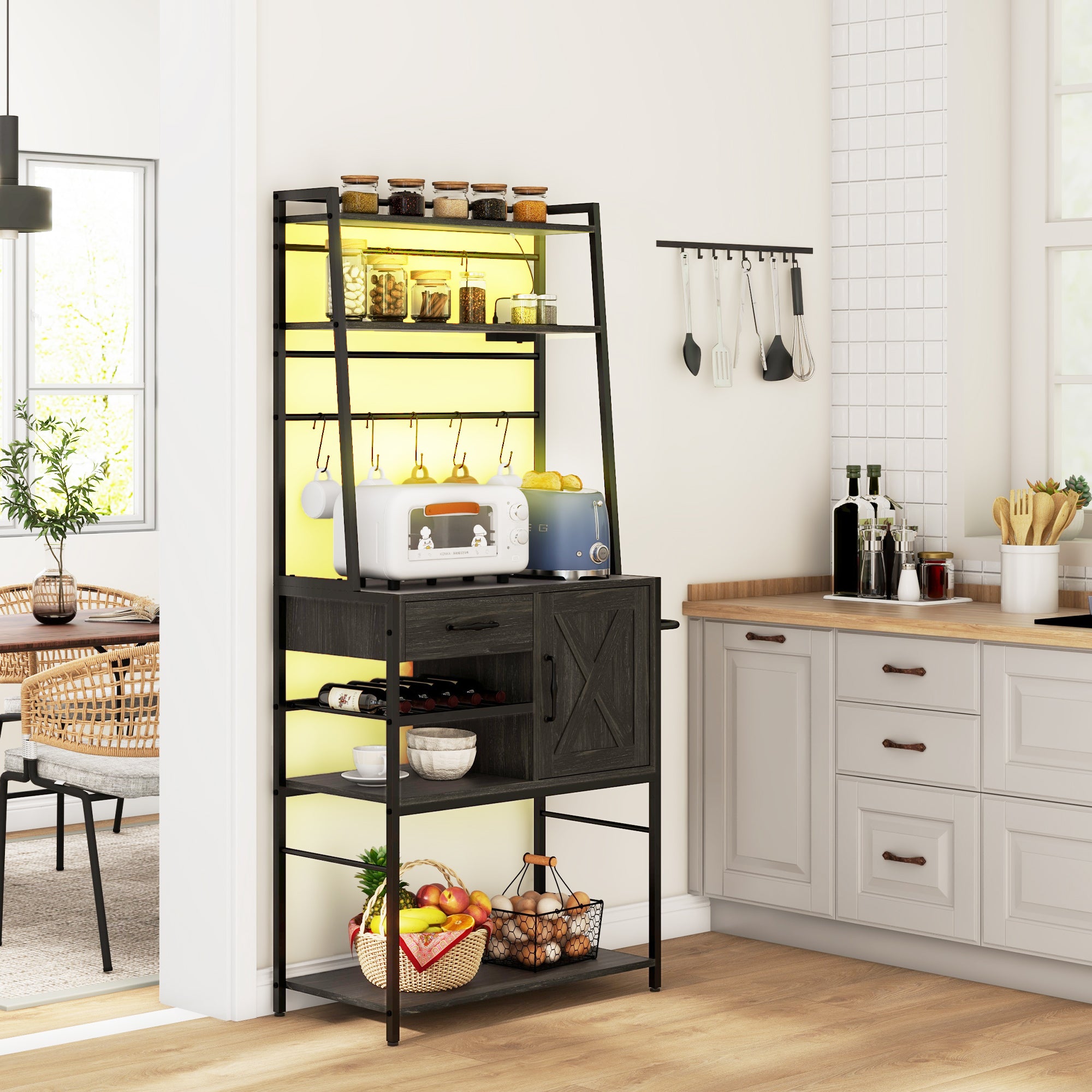 Industrial Kitchen Shelves with Charging Station and LED Lights Storage Rack with Barn Door Gray