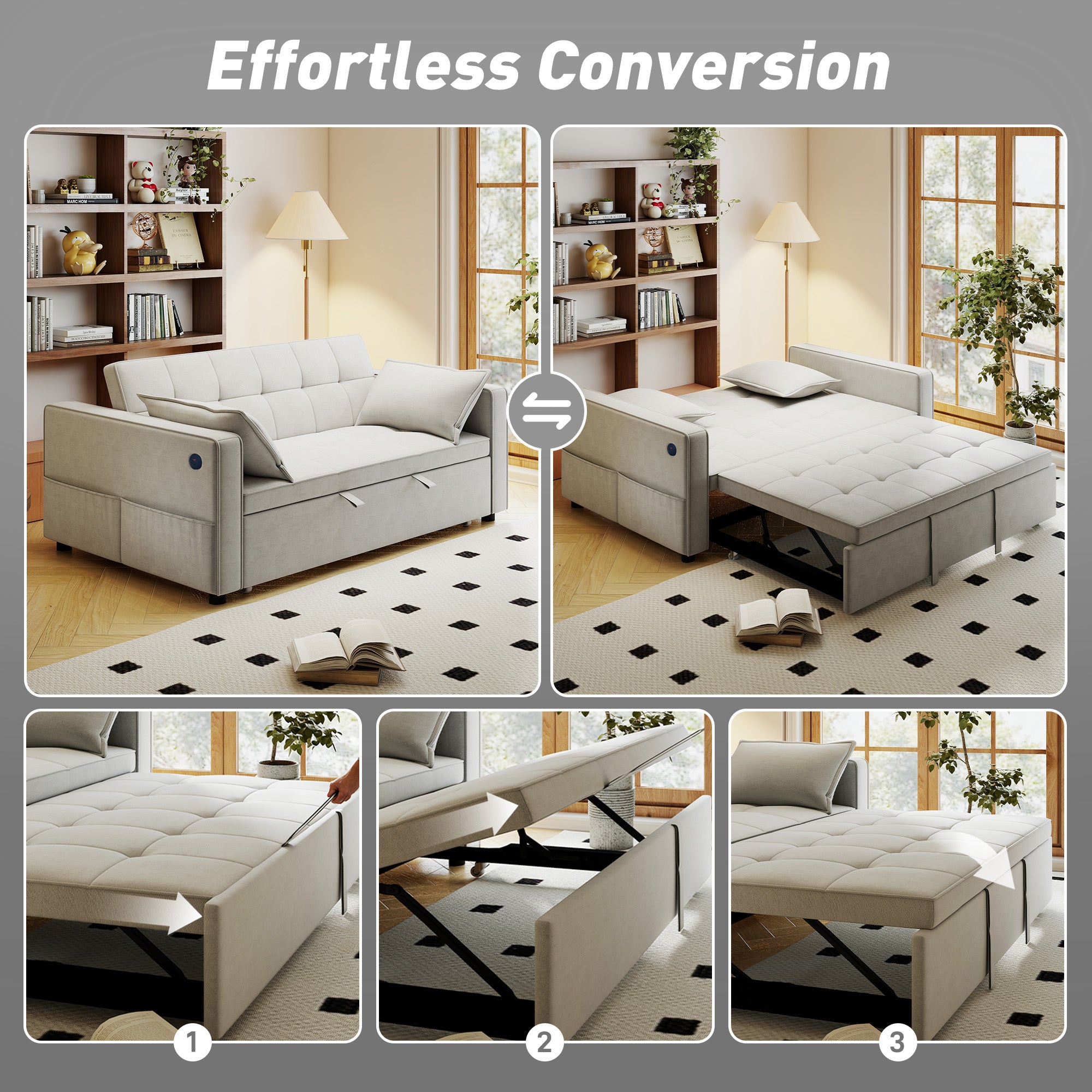 3‑in‑1 Convertible Sofa Bed, Pull Out Sleeper Sofa with USB Charging, Adjustable Backrest, Side Pockets, Sleeper Couch for Living Room, Small Space, Apartment, Beige