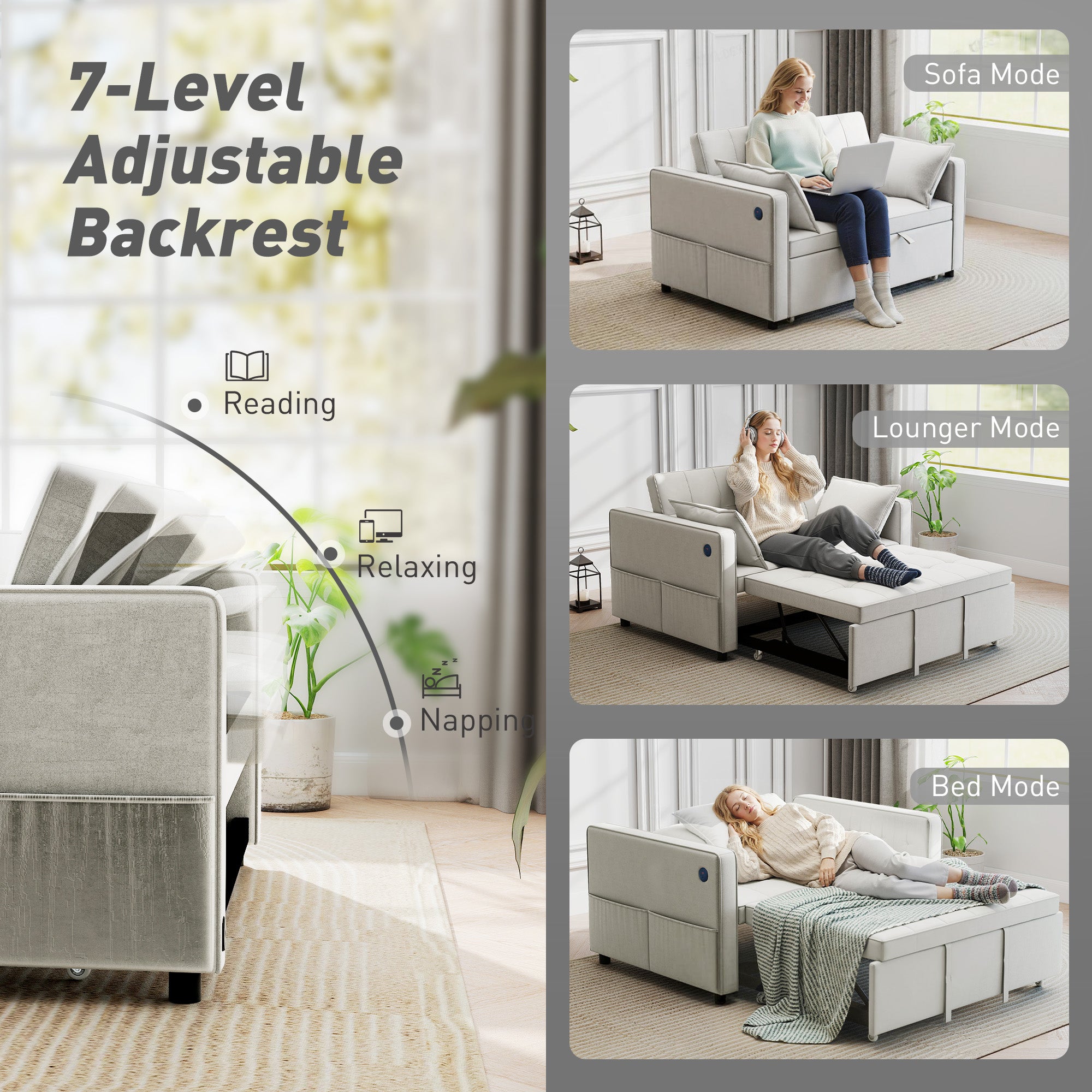 3‑in‑1 Convertible Sofa Bed, Pull Out Sleeper Sofa with USB Charging, Adjustable Backrest, Side Pockets, Sleeper Couch for Living Room, Small Space, Apartment, Beige