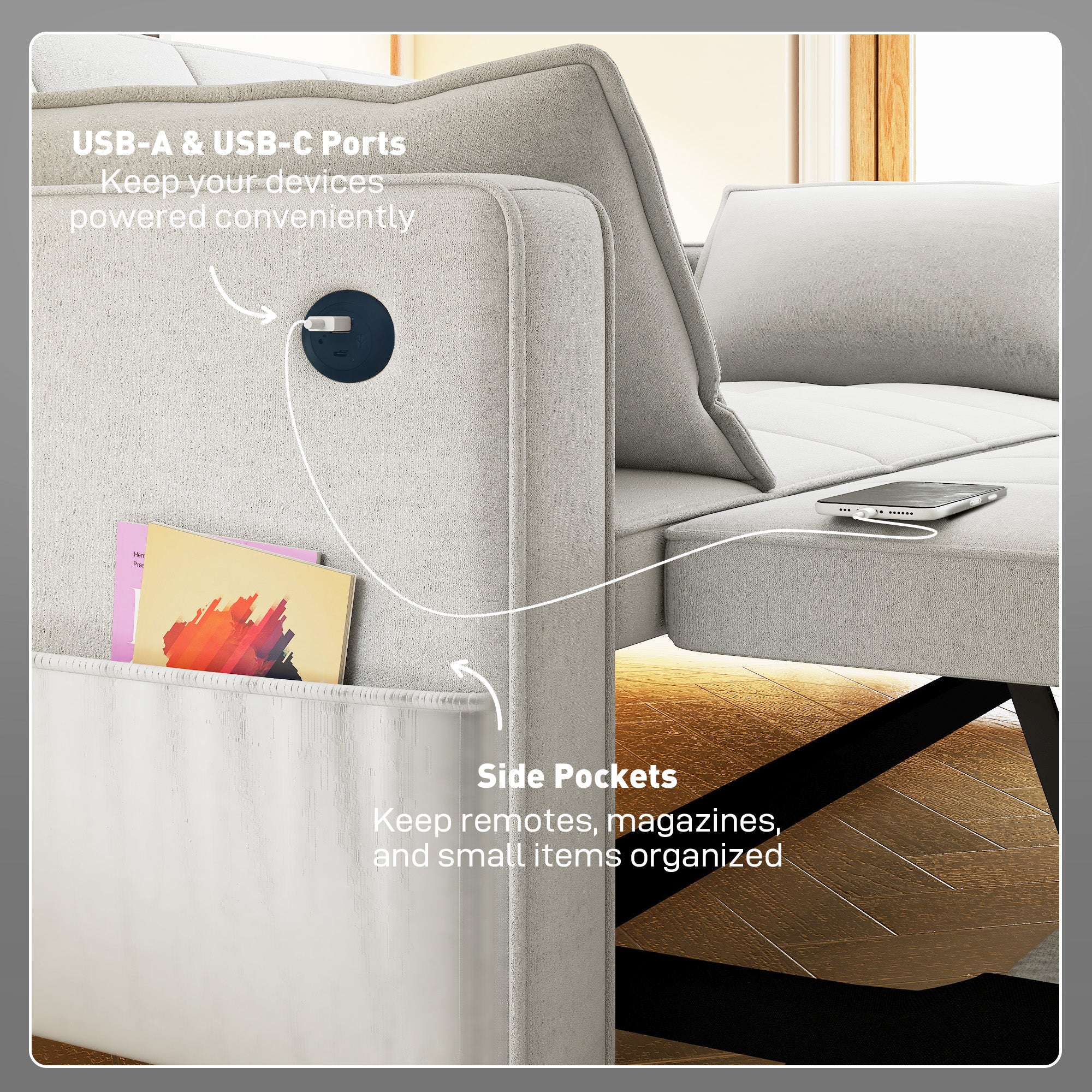 3‑in‑1 Convertible Sofa Bed, Pull Out Sleeper Sofa with USB Charging, Adjustable Backrest, Side Pockets, Sleeper Couch for Living Room, Small Space, Apartment, Beige