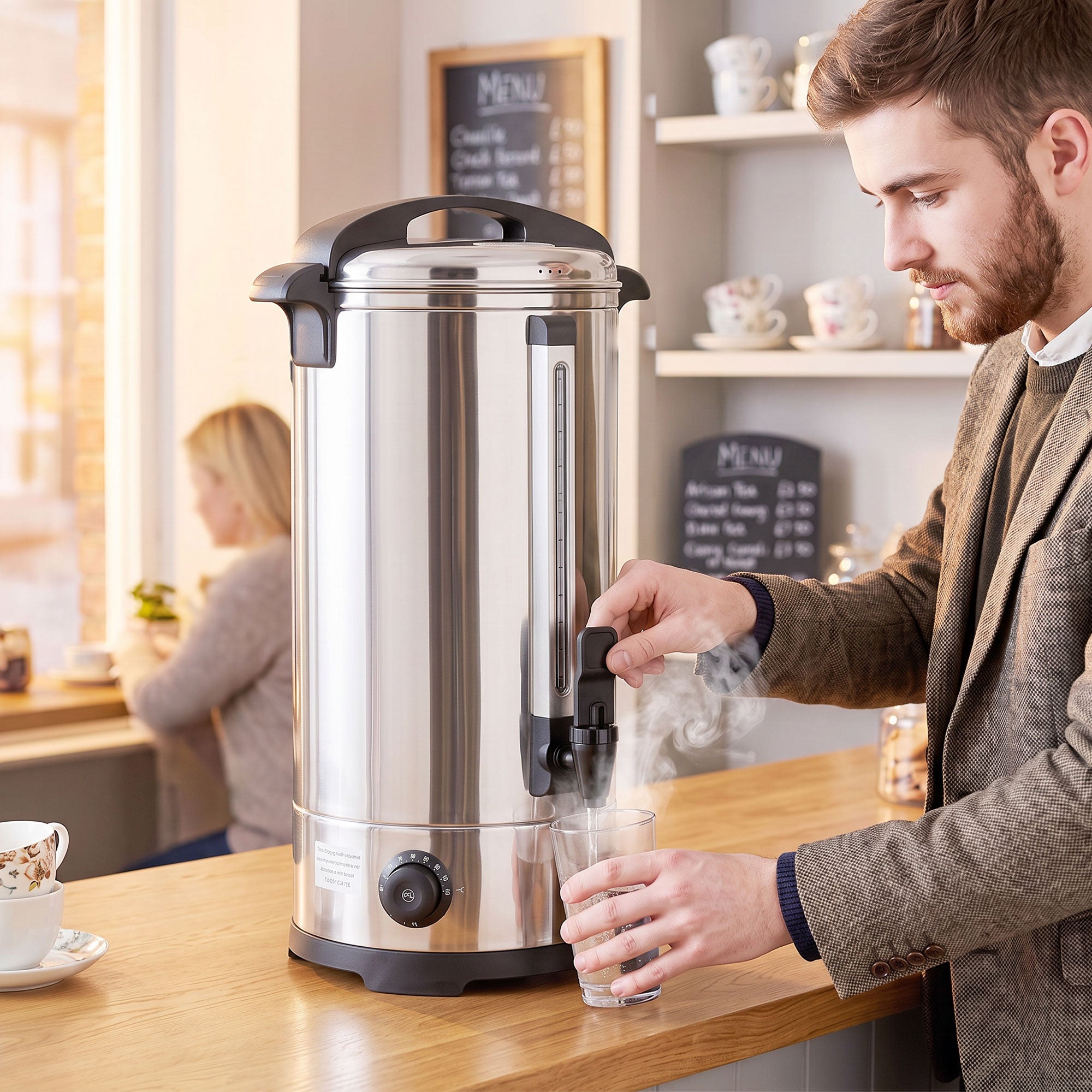 24L Catering Urn, 2500W Hot Water Boiler Dispenser with Thermostat, Stainless Steel Tea Urn Kettle with Keep Warm Function, Adjustable Temperature and Easy Pour Tap for Home Office Parties