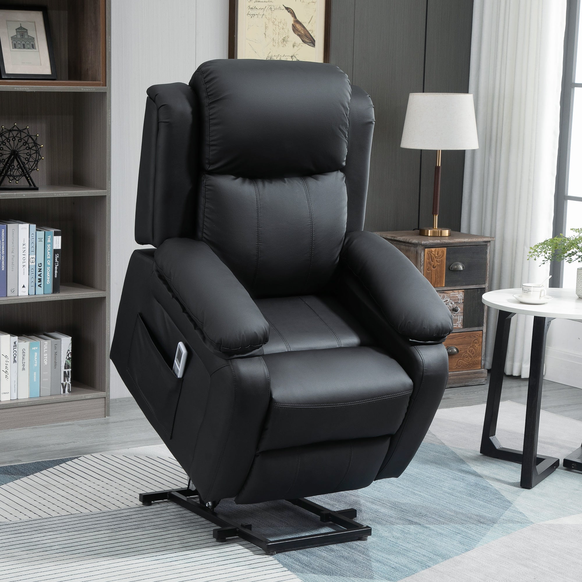 Riser and Recliner Chair with Vibration Massage, PU Leather Power Lift Chair for Elderly with Thick and High Back, Headrest, Removable Armrests, Side Pockets, Electric Lift Armchair, Black