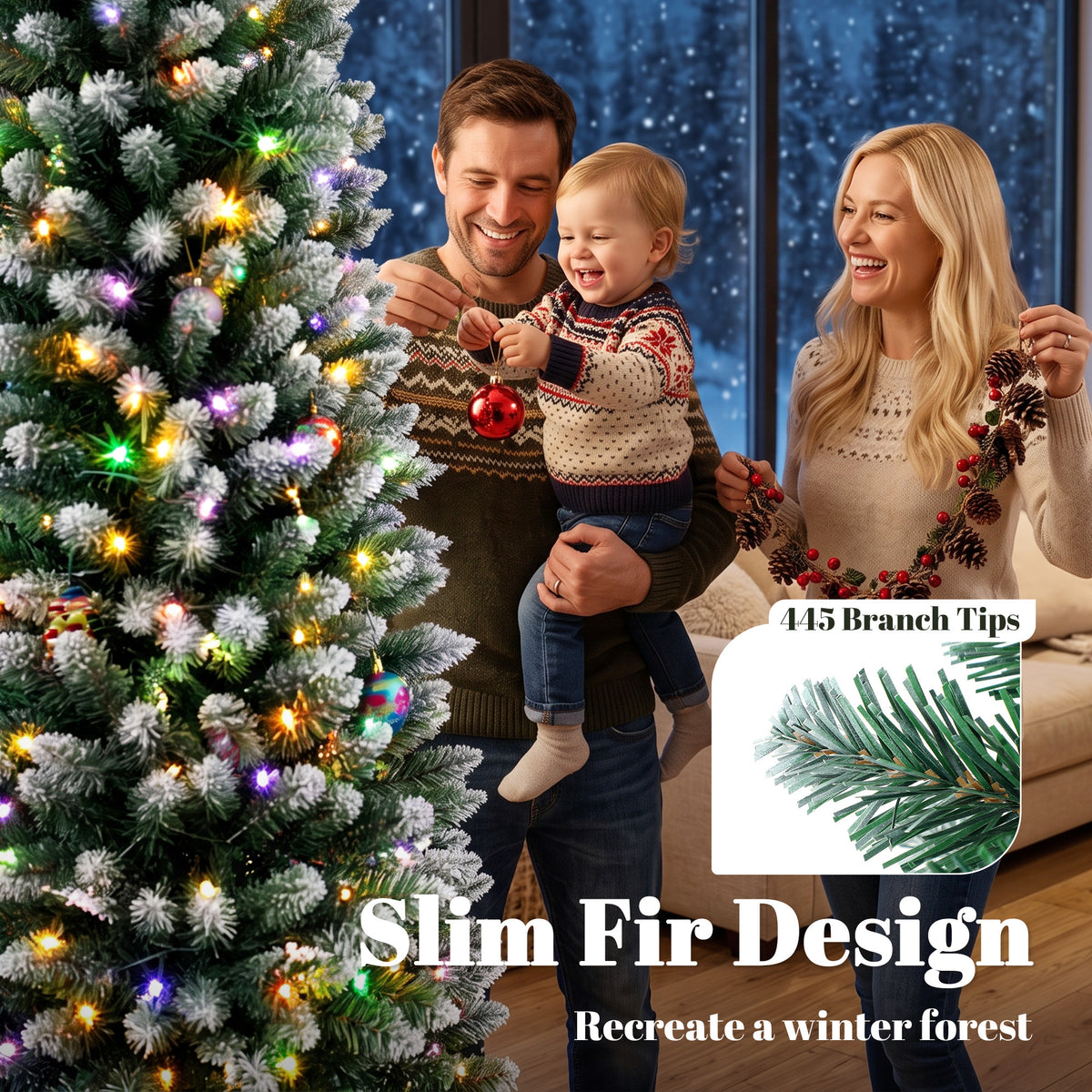 8ft Pencil Prelit Christmas Tree, Dual Color, Flocked, Remote, Artificial Slim Xmas Tree with 11 Modes, 445 Branch Tips, 300 LEDs, Green White