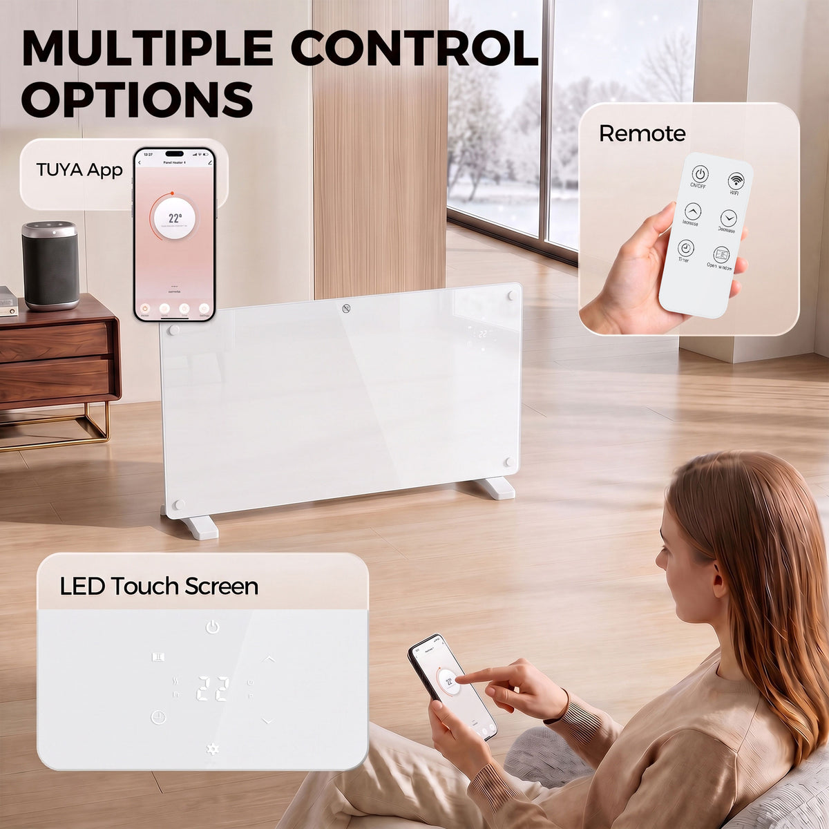 2000W Smart Glass Panel Heater Wall Mounted & Freestanding, Wifi Enabled, Works With Alexa & Google Home, Electric Heater with Weekly Timer, Open Window & Anti-Frost Mode, Thermostat, White