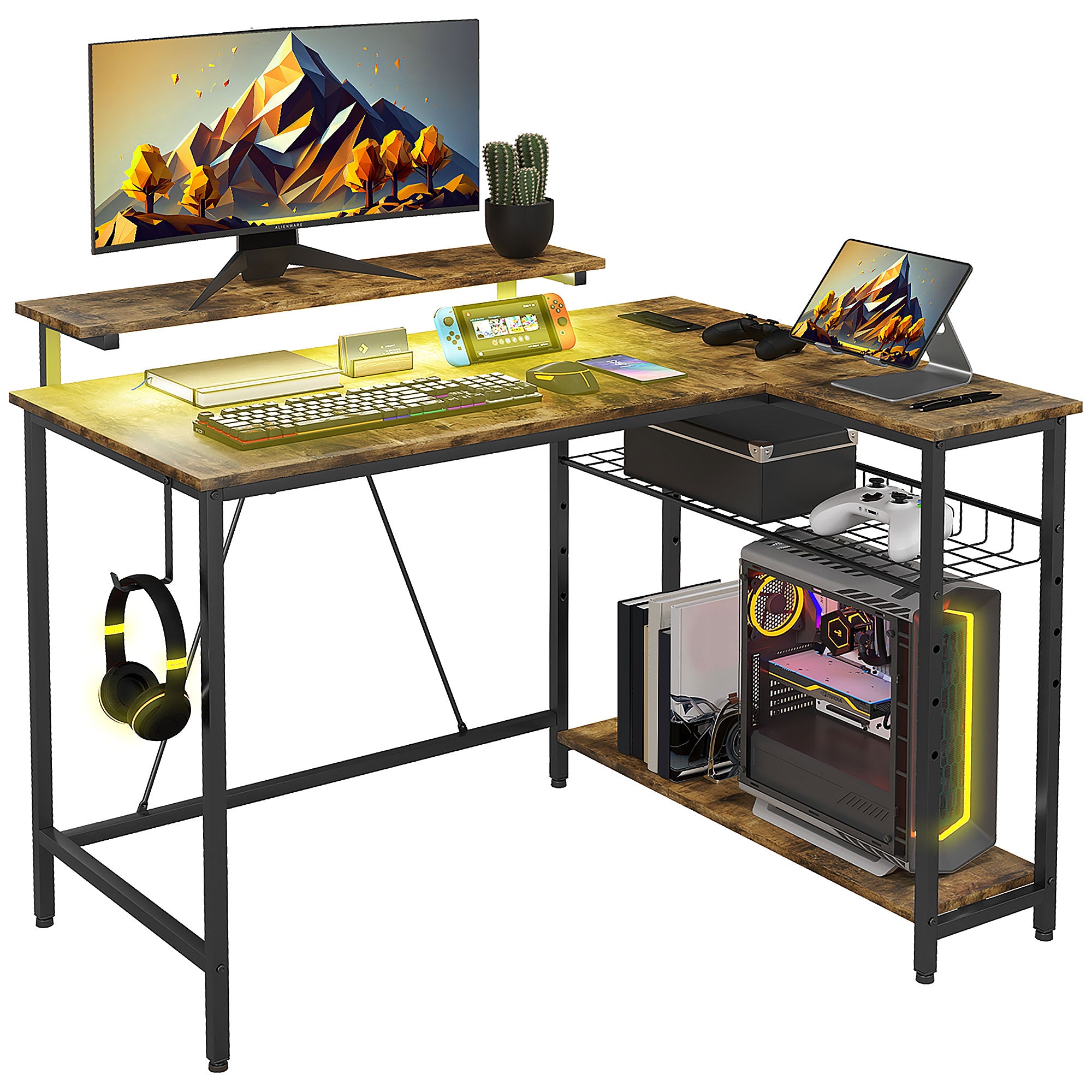 Reversible L Shaped Desk with Lights Power Outlet USB Ports Brown