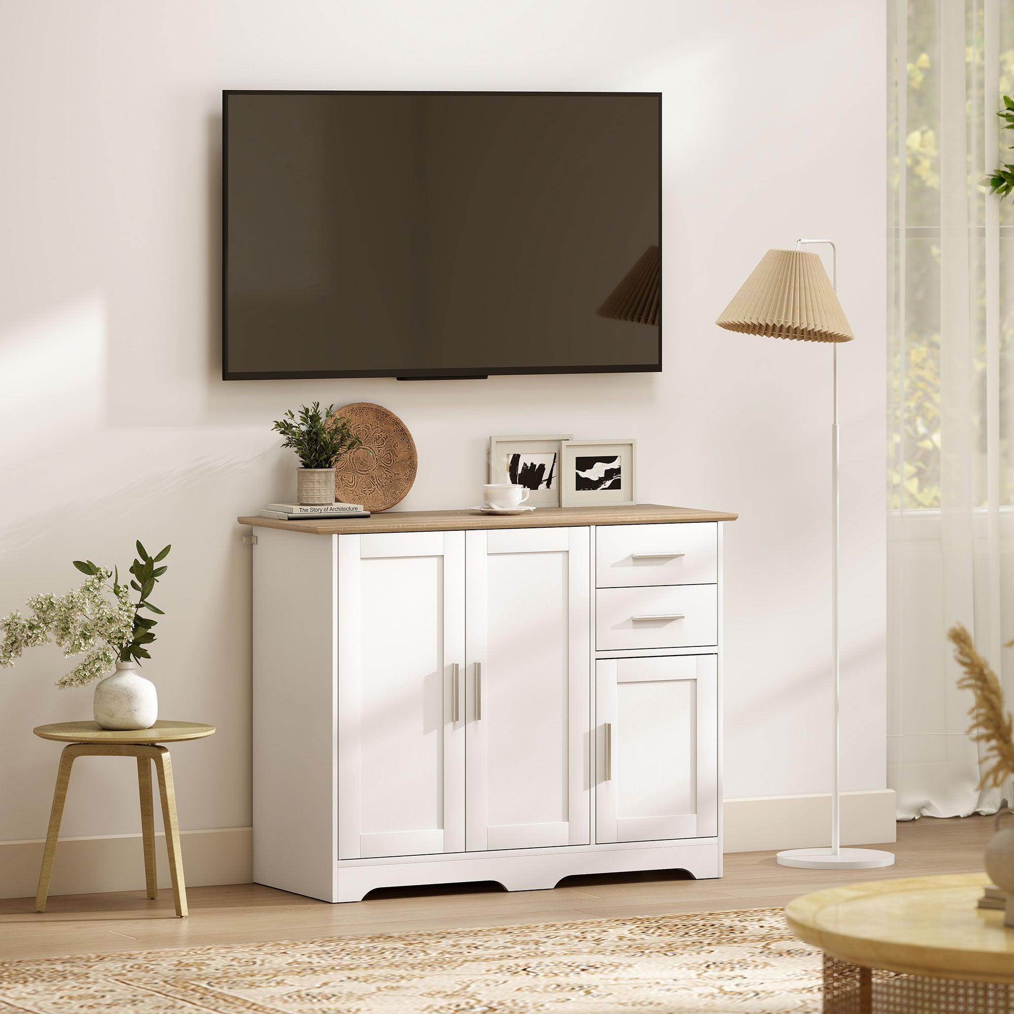 40" Sideboard Buffet Cabinet, Modern Kitchen Storage Cabinet with 2 Drawers, 3 Doors & Adjustable Shelf, Coffee Bar Station, White