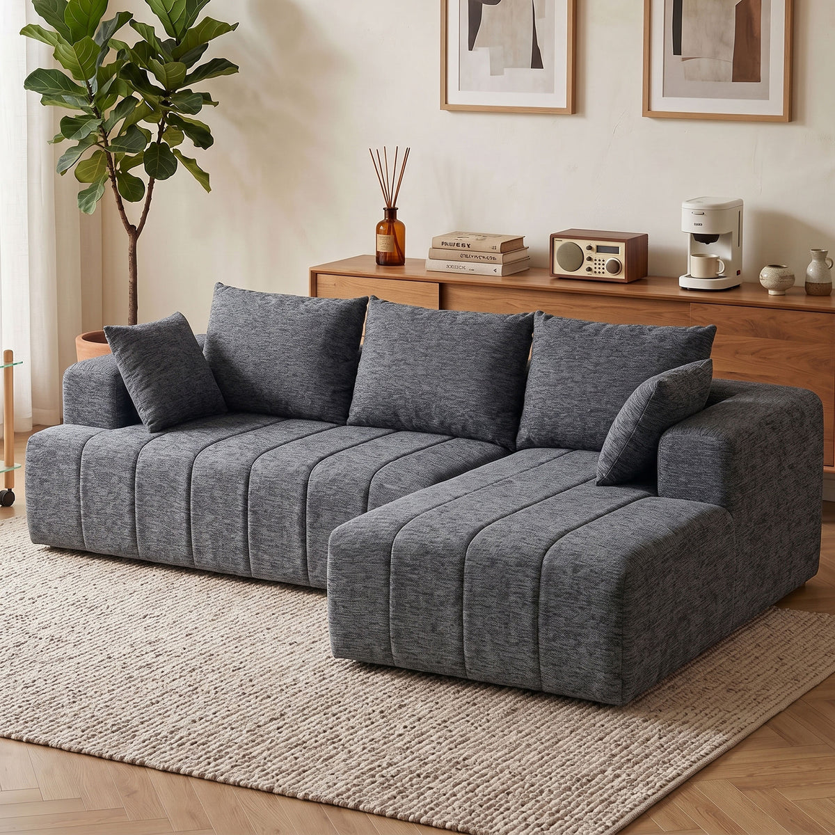 101" Modular Sectional Sofa with Chaise, Chenille Boneless Cloud Sofa Bed, 3 Seater L-Shaped Couch with Spring Cushion, Wide and Deep Seat, Wide Arms, No Assembly, Grey