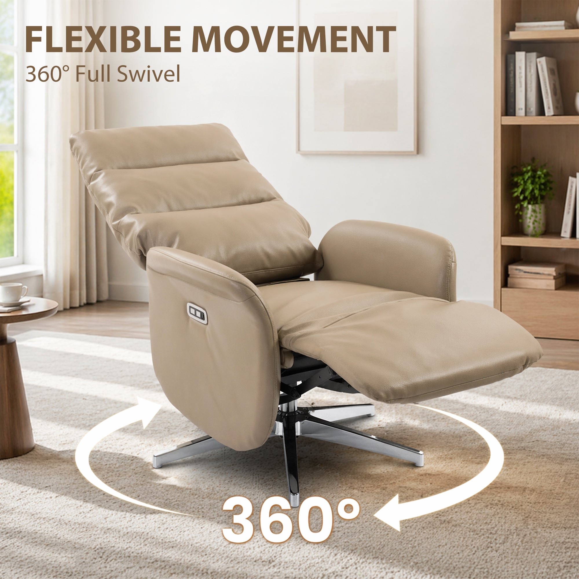 Electric Recliner Armchair, PU Leather Swivel Recliner Chair with Type C+USB, 160° Reclining Chair with Adjustable Leg Rest for Home Living Room Theater, Brown
