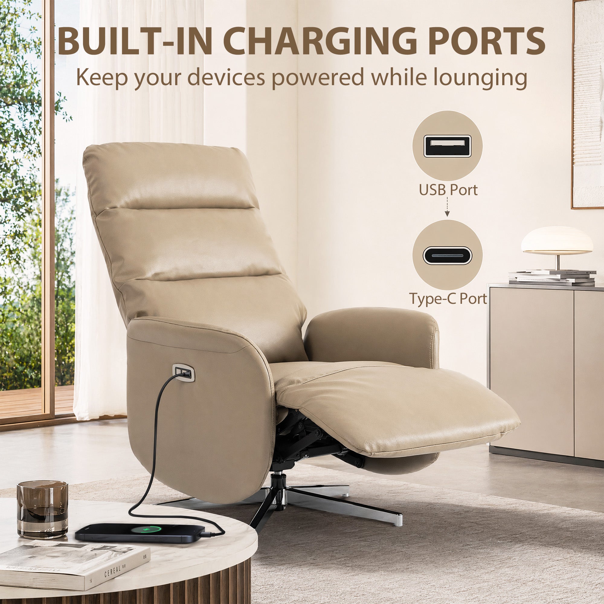 Electric Recliner Armchair, PU Leather Swivel Recliner Chair with Type C+USB, 160° Reclining Chair with Adjustable Leg Rest for Home Living Room Theater, Brown