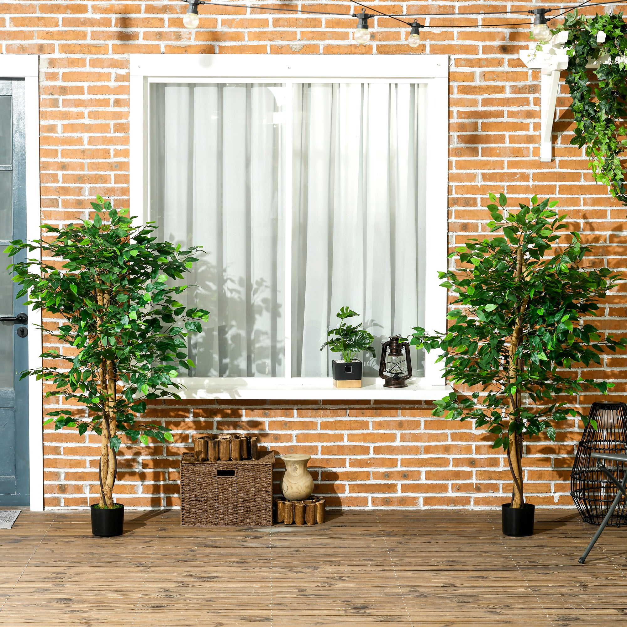 HOMCOM 5ft Set of 2 Artificial Ficus Tree with Pot, Indoor Outdoor Fake Plants for Home Office Living Room Decor