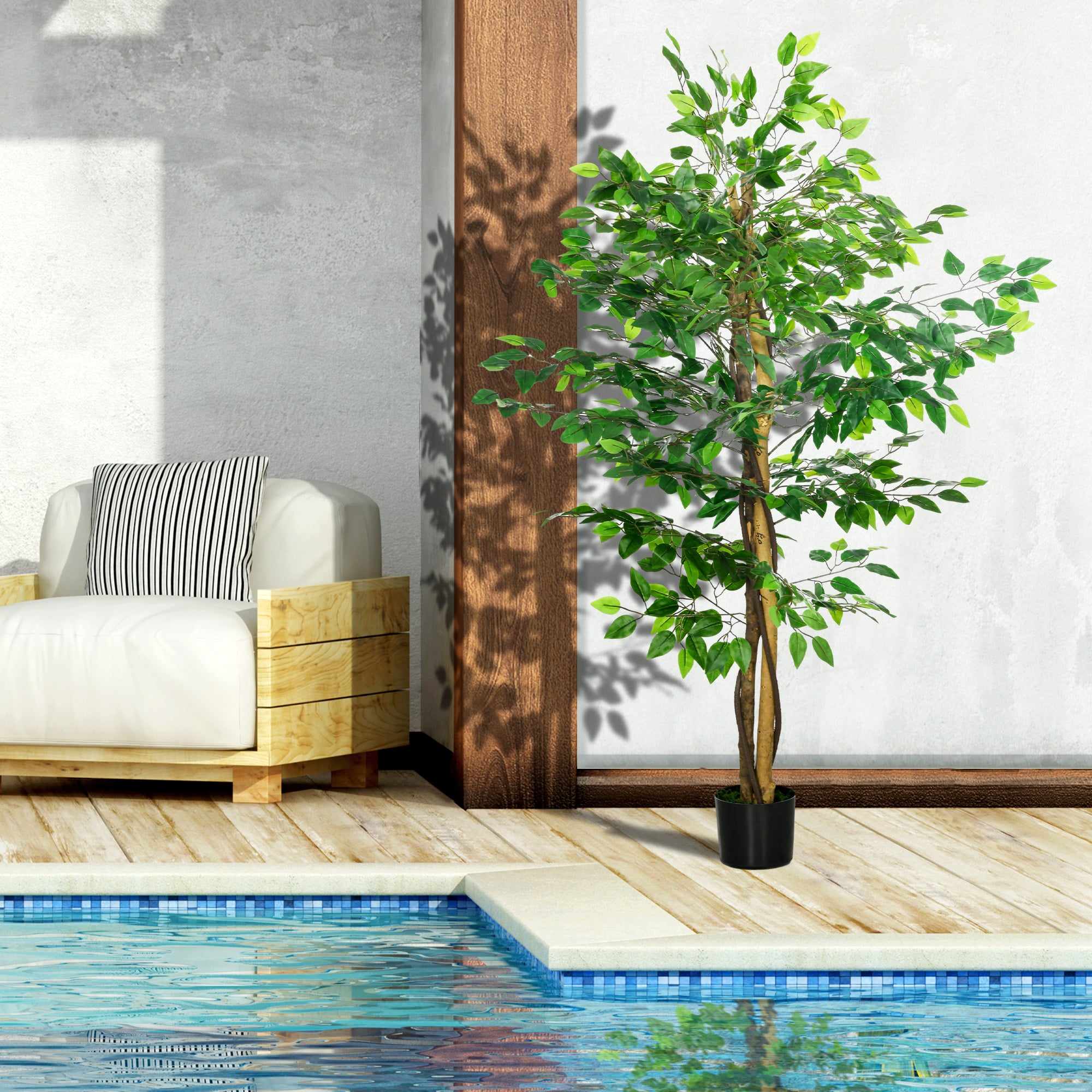 HOMCOM 5ft Set of 2 Artificial Ficus Tree with Pot, Indoor Outdoor Fake Plants for Home Office Living Room Decor