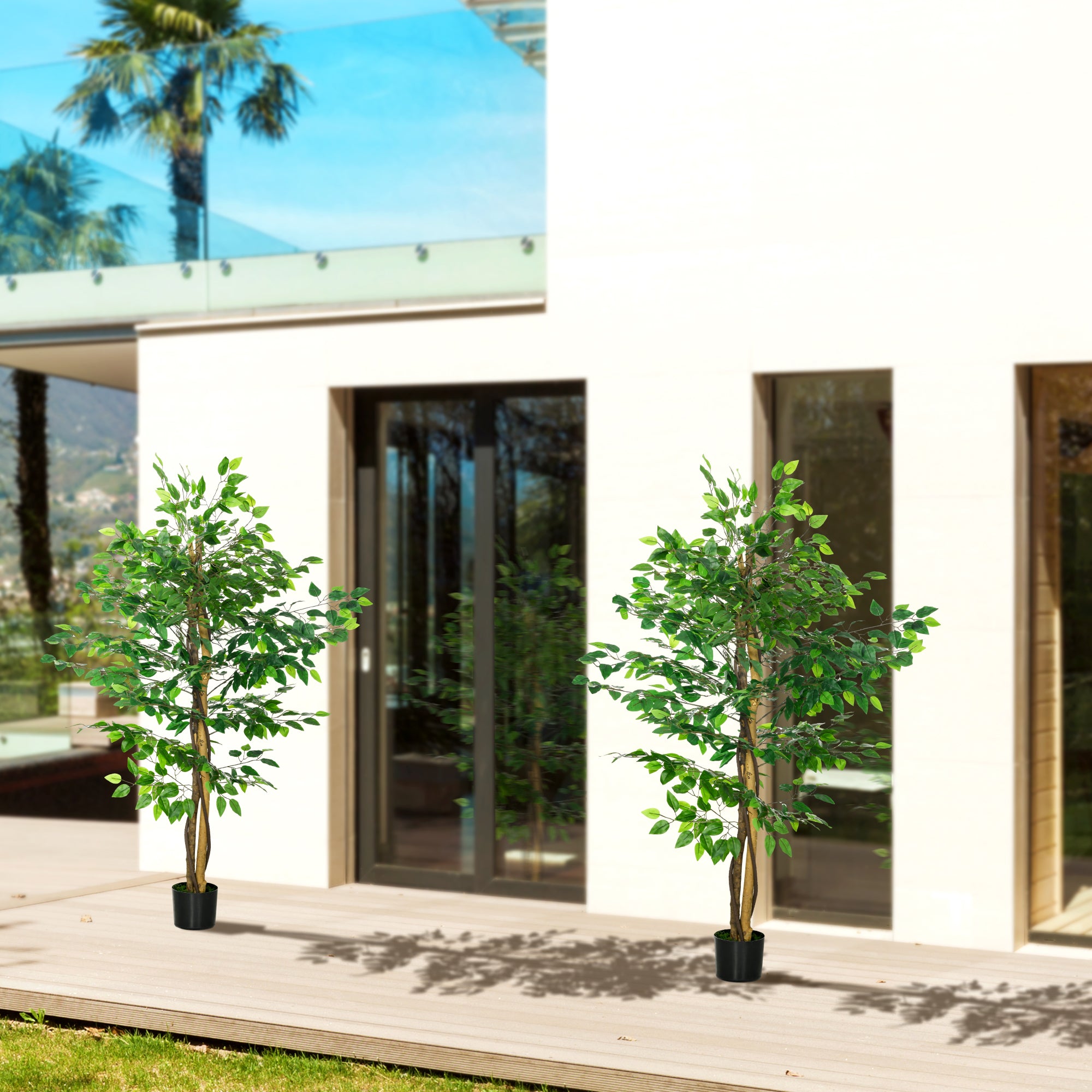 HOMCOM 5ft Set of 2 Artificial Ficus Tree with Pot, Indoor Outdoor Fake Plants for Home Office Living Room Decor