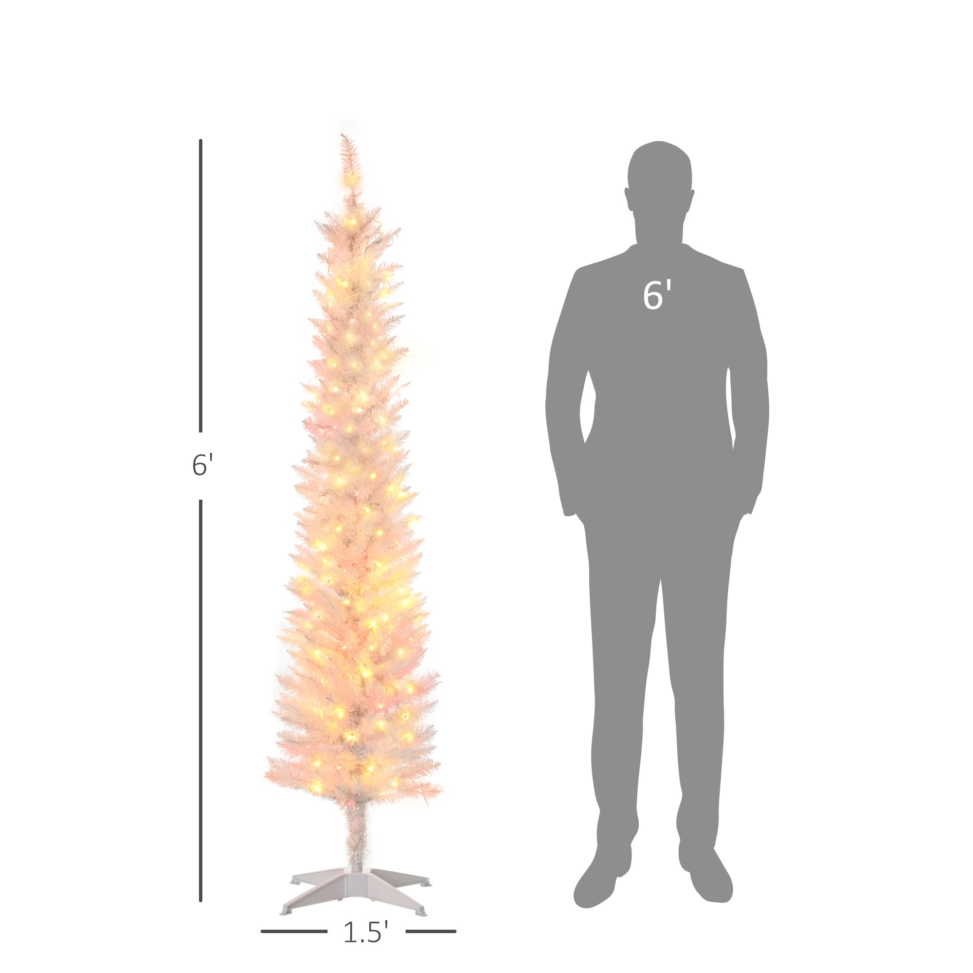 6' Prelit Christmas Trees, Pencil Artificial Christmas Tree with Colorful Surface Branches, Colorful LED Lights, White