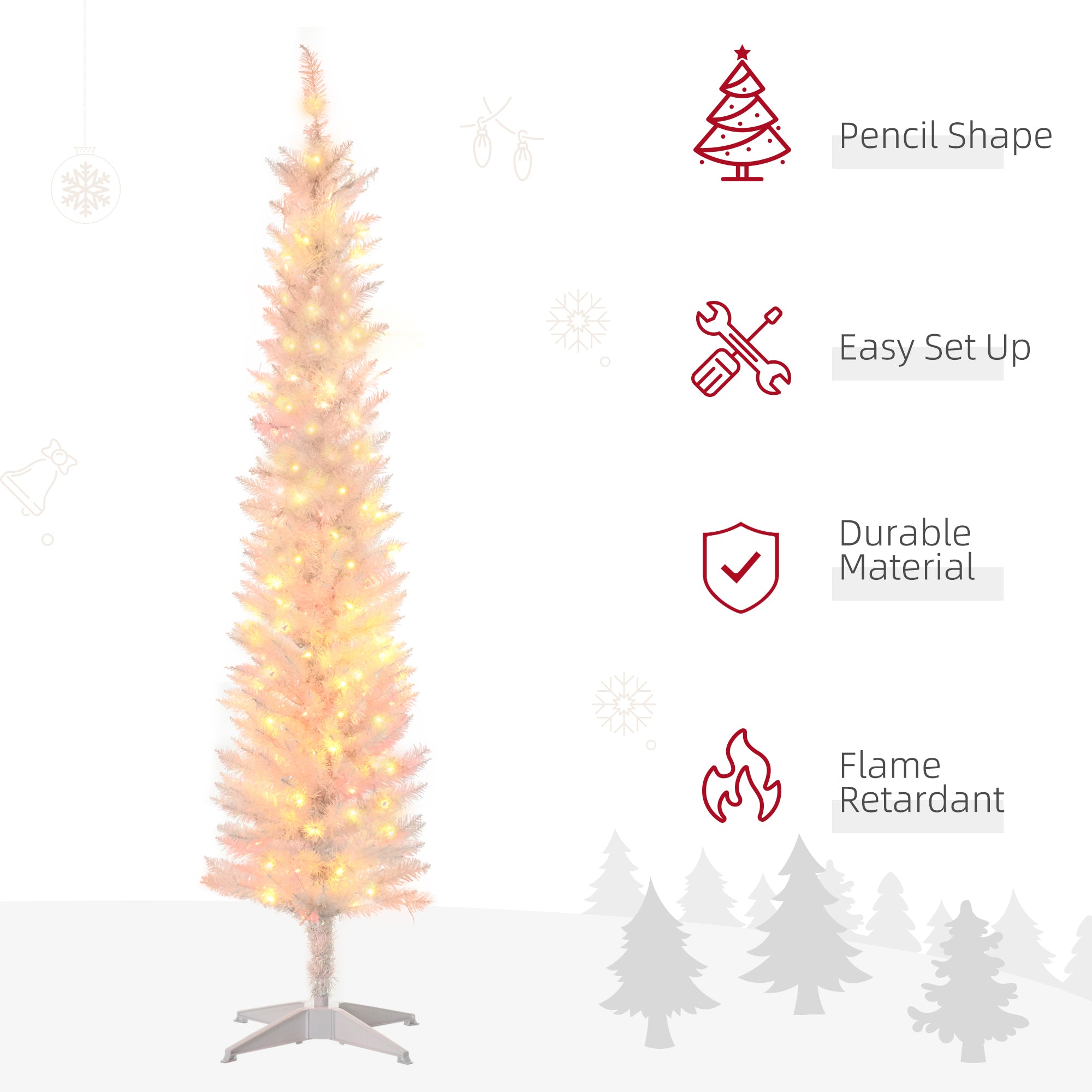 6' Prelit Christmas Trees, Pencil Artificial Christmas Tree with Colorful Surface Branches, Colorful LED Lights, White