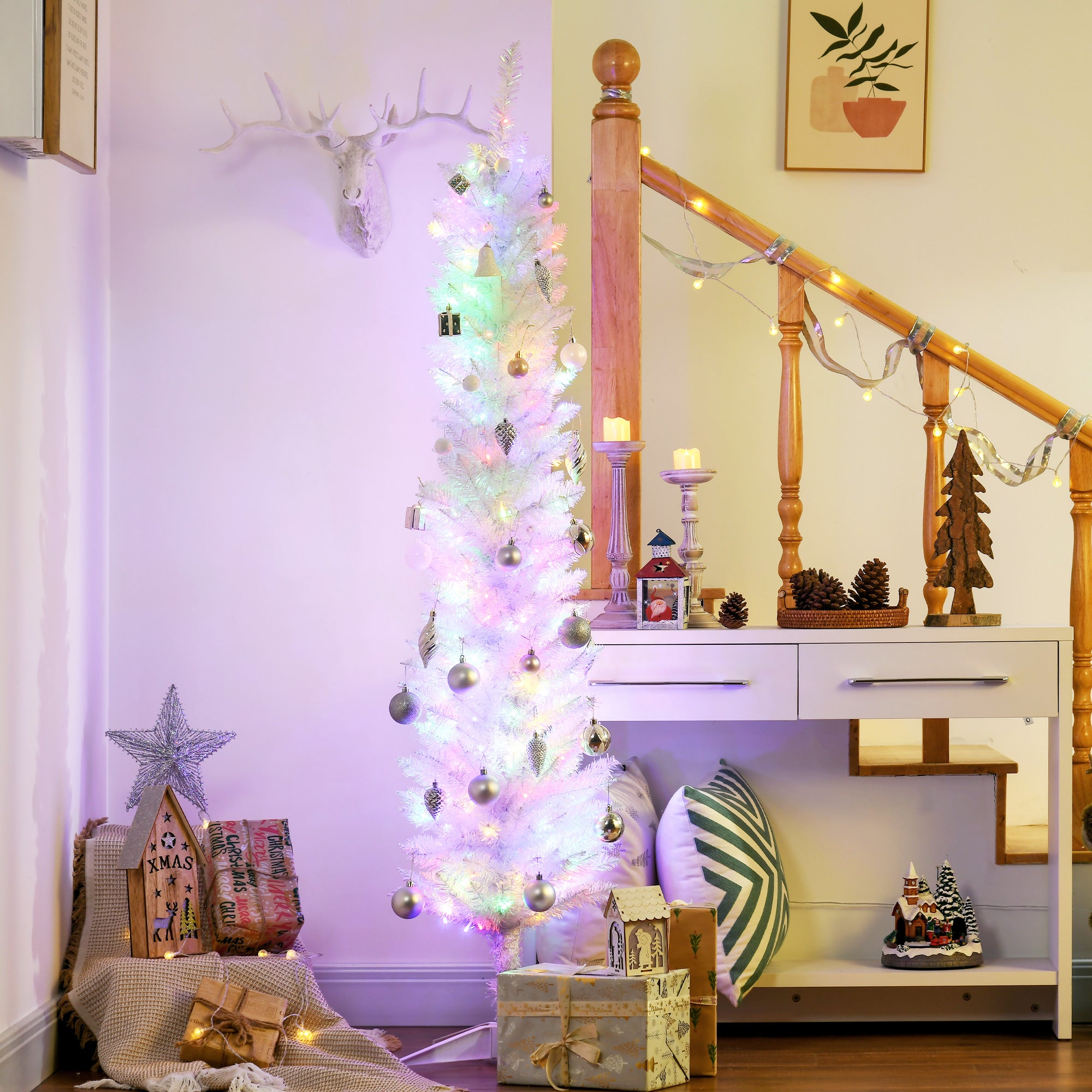 6' Prelit Christmas Trees, Pencil Artificial Christmas Tree with Colorful Surface Branches, Colorful LED Lights, White