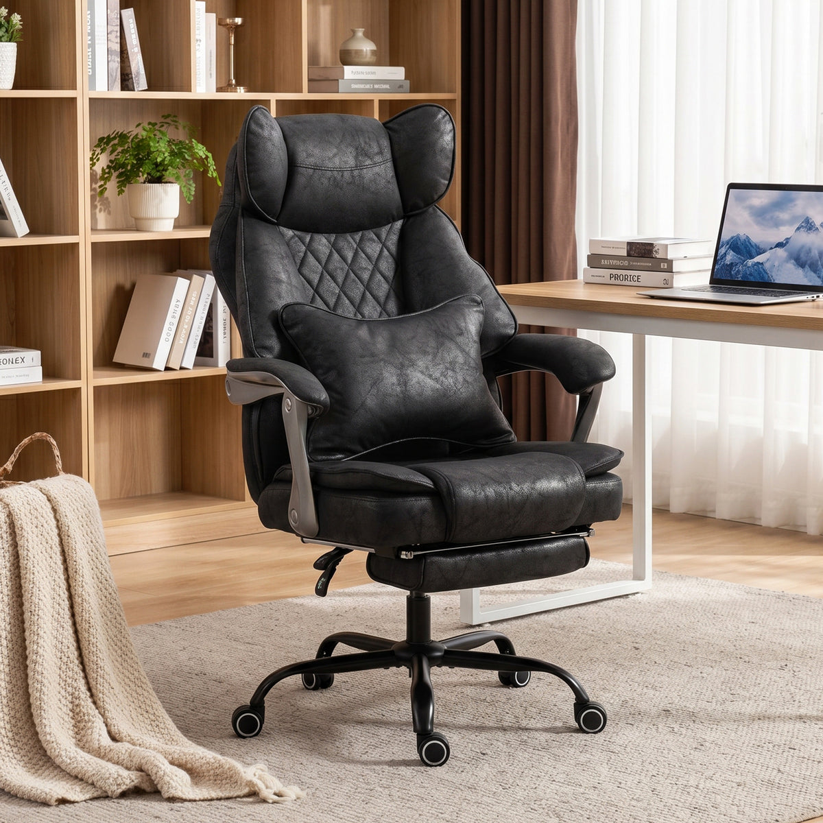 Executive Office Chair with Footrest, 400lb Big and Tall Leathaire Desk Chair with Wide Seat, Reclining Back, Lumbar Support, Built-in Headrest, Class 4 Gas Lift, Black