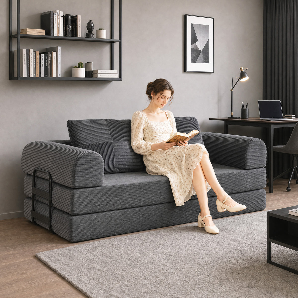 5-in-1 Convertible Sofa Bed, 78.7" Folding Boneless Futon Couch with Fixed-Shape Frame & 2 Pillows, Floor Sofa Loveseat Sleeper for Living Room, Bedroom, Dark Grey