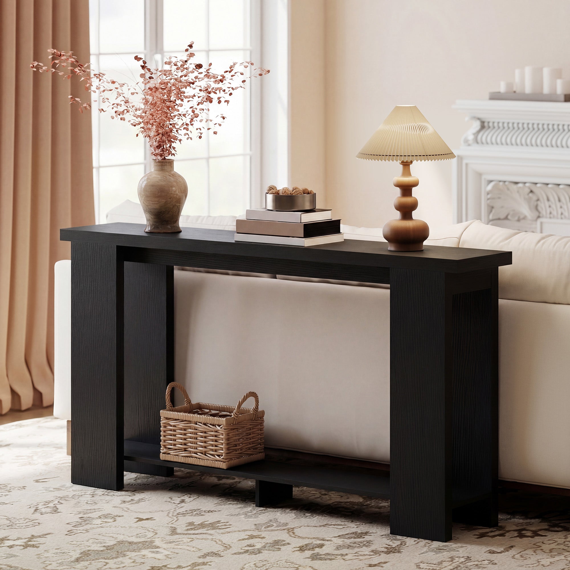 Farmhouse Console Table, 63" Narrow Entryway Table with Storage Shelf and Thickened Tabletop for Living Room, Hallway, Entrance, Distressed Black