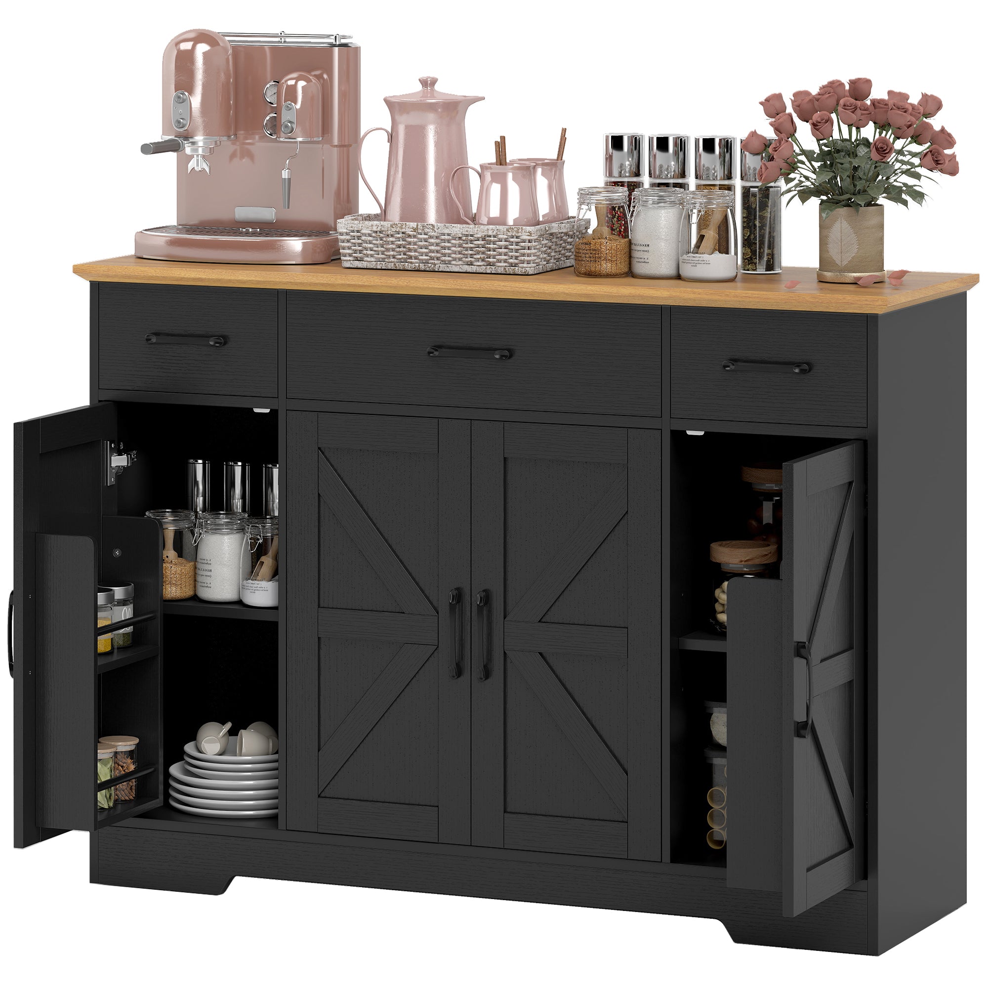 47" Sideboard Buffet Cabinet, Farmhouse Credenza with Soft-Close Hinges, Coffee Bar Cabinet with Spice Racks, 3 Drawers and 3 Adjustable Shelves, Black