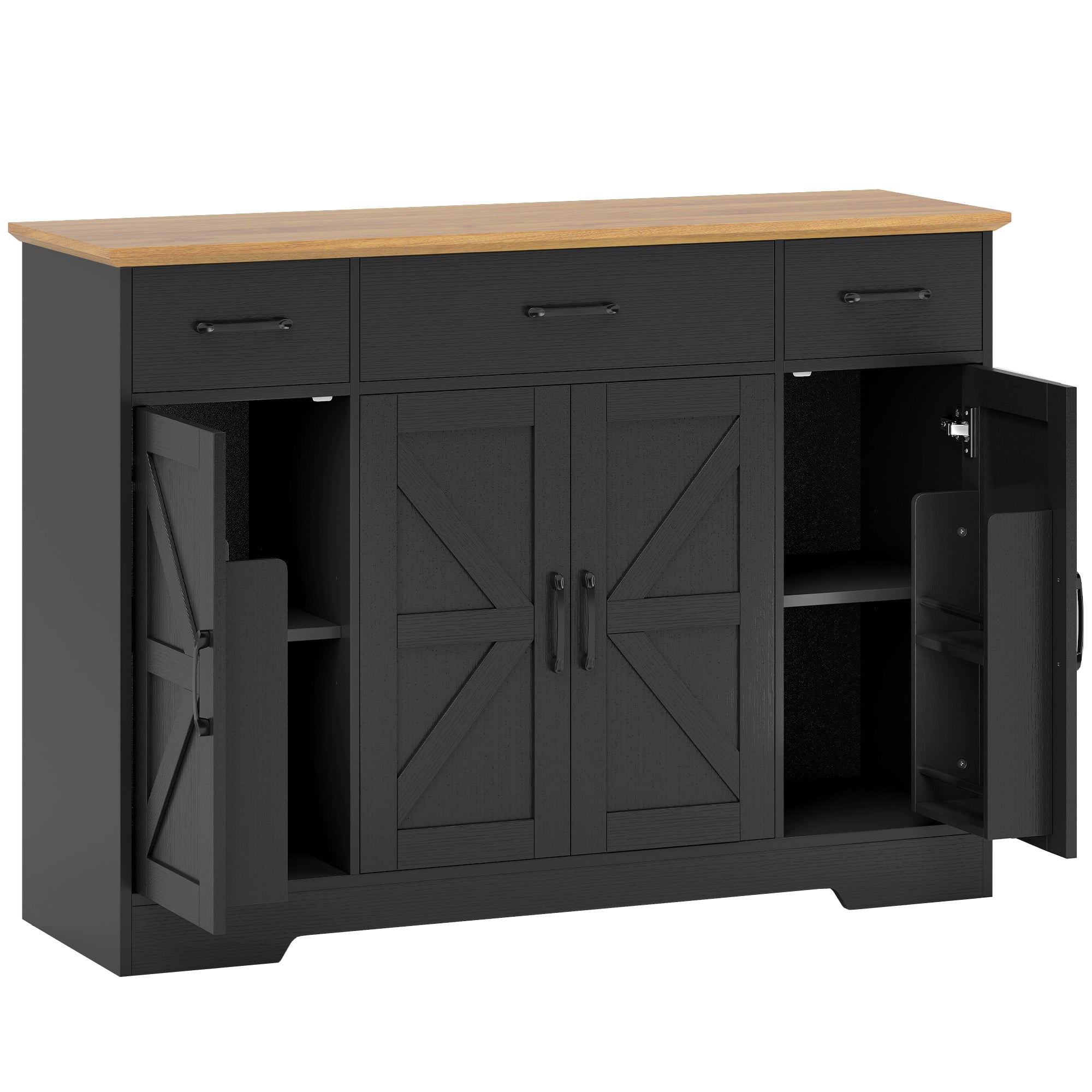 47" Sideboard Buffet Cabinet, Farmhouse Credenza with Soft-Close Hinges, Coffee Bar Cabinet with Spice Racks, 3 Drawers and 3 Adjustable Shelves, Black