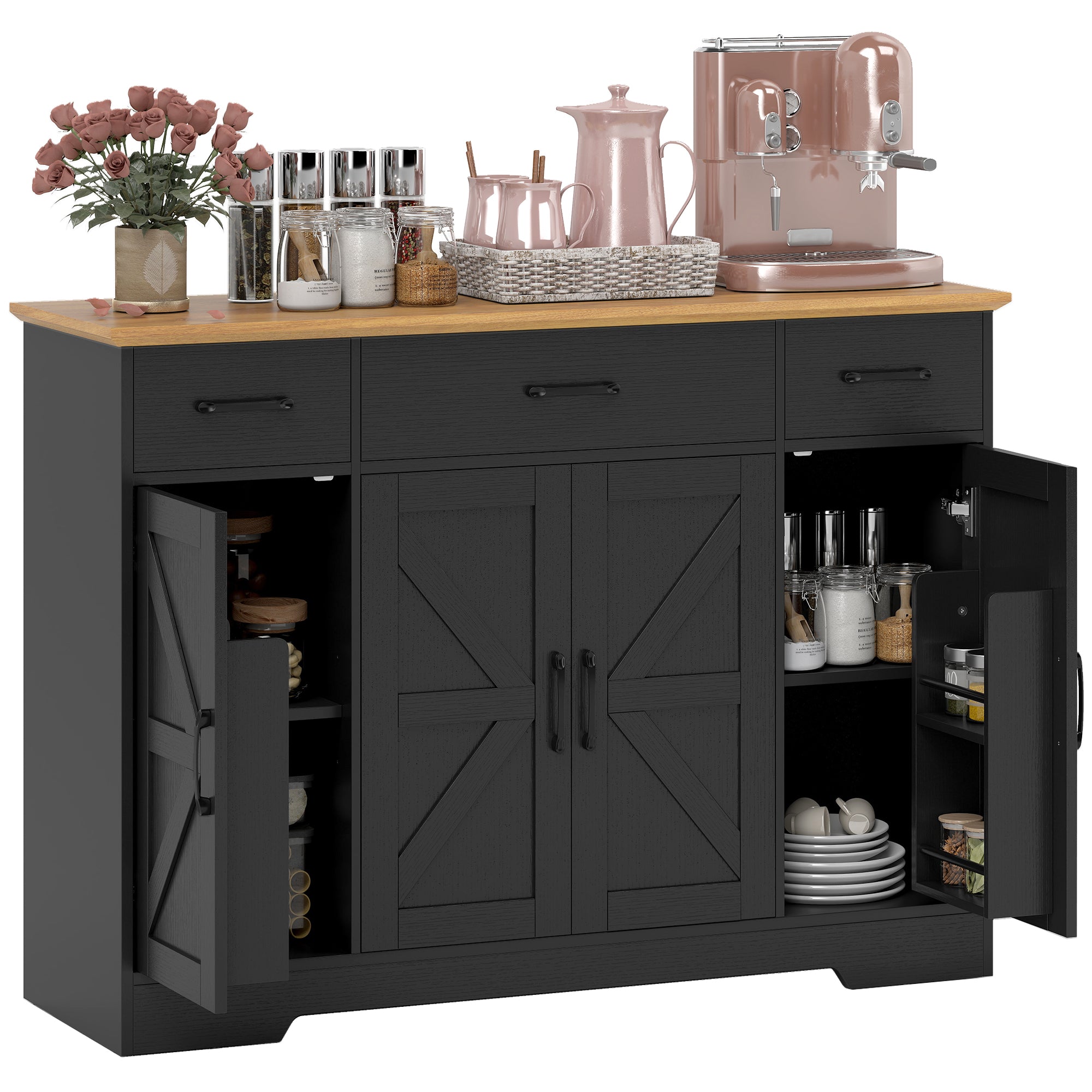 47" Sideboard Buffet Cabinet, Farmhouse Credenza with Soft-Close Hinges, Coffee Bar Cabinet with Spice Racks, 3 Drawers and 3 Adjustable Shelves, Black