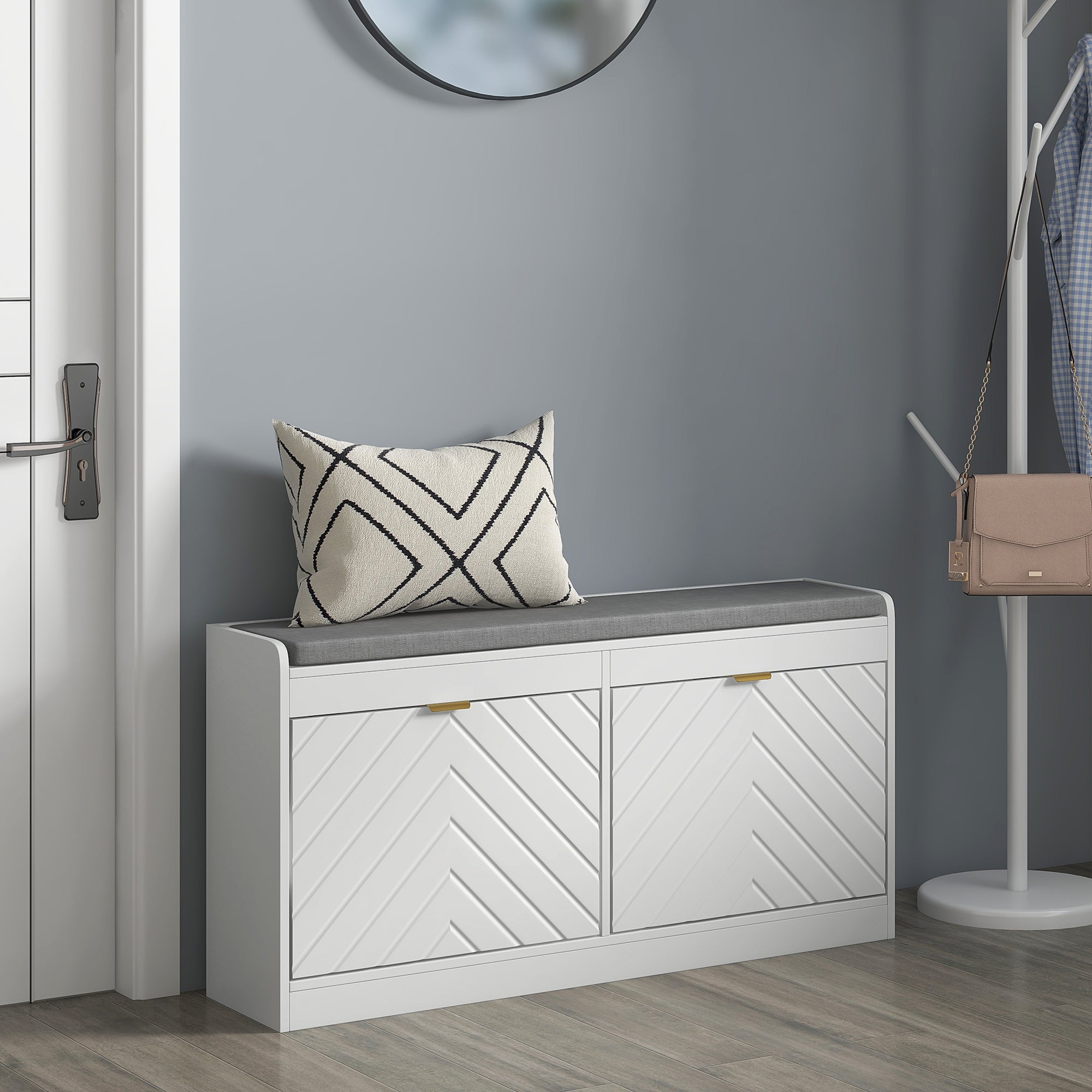 HOMCOM Shoe Bench, Entryway Bench with 2 Flip Drawers, Seating Cushion and 4 Vents for 8 Pairs of Shoes for Hallway, White