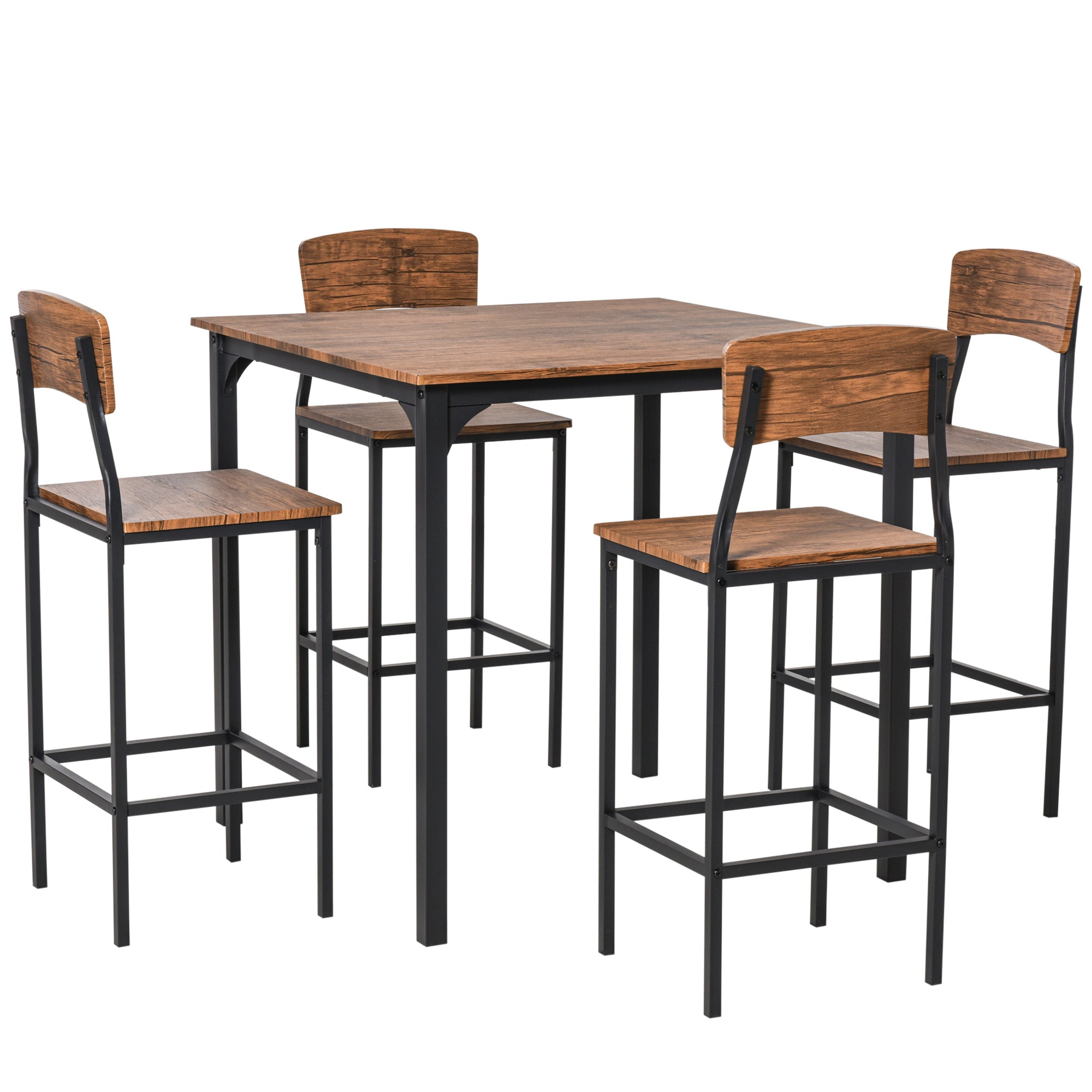 Counter Height Bar Table Set for 4, Square Kitchen Table and Chairs Set with Footrest, Metal Legs, Industrial Dinner Table Set for 4, Walnut