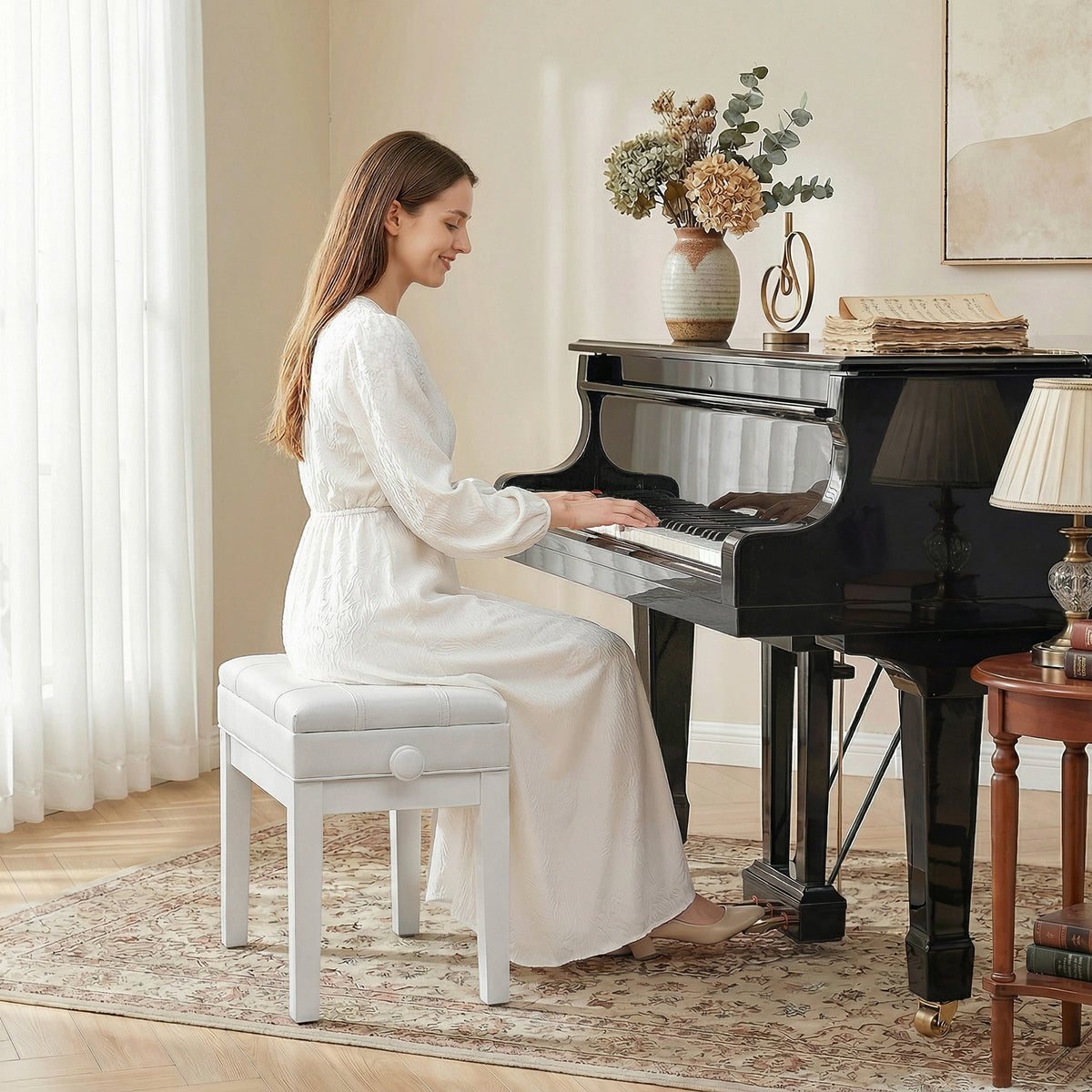 24.8" Adjustable Piano Bench with Padded Cushion and Storage, Faux Leather Keyboard Bench with Solid Wood Legs, White