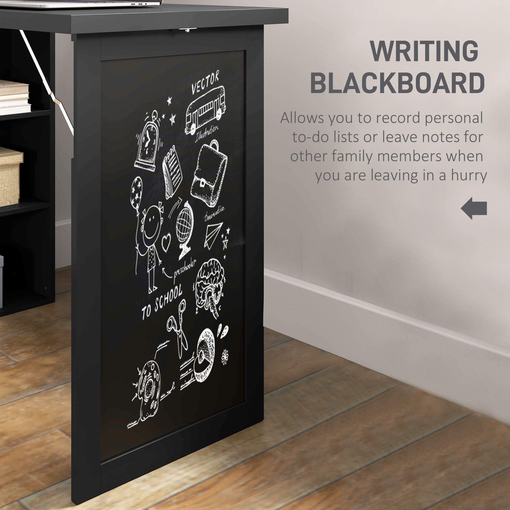 HOMCOM Wall Mounted Computer Desk, Folding Study Table with Black Board and Bookshelf, Multifunctional Floating Writing Desk for Home Office, Black