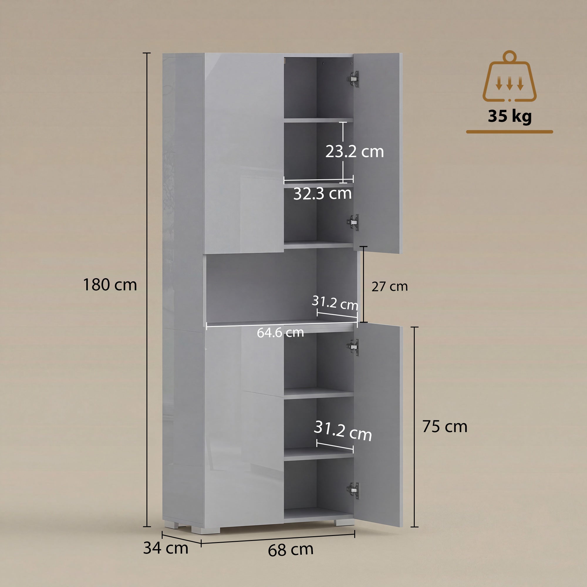 180 cm Tall Kitchen Cupboard, Pantry Storage Cabinet with Soft Close Doors and Adjustable Shelves, Freestanding Kitchen Cabinet for Dining Room, High Gloss Grey