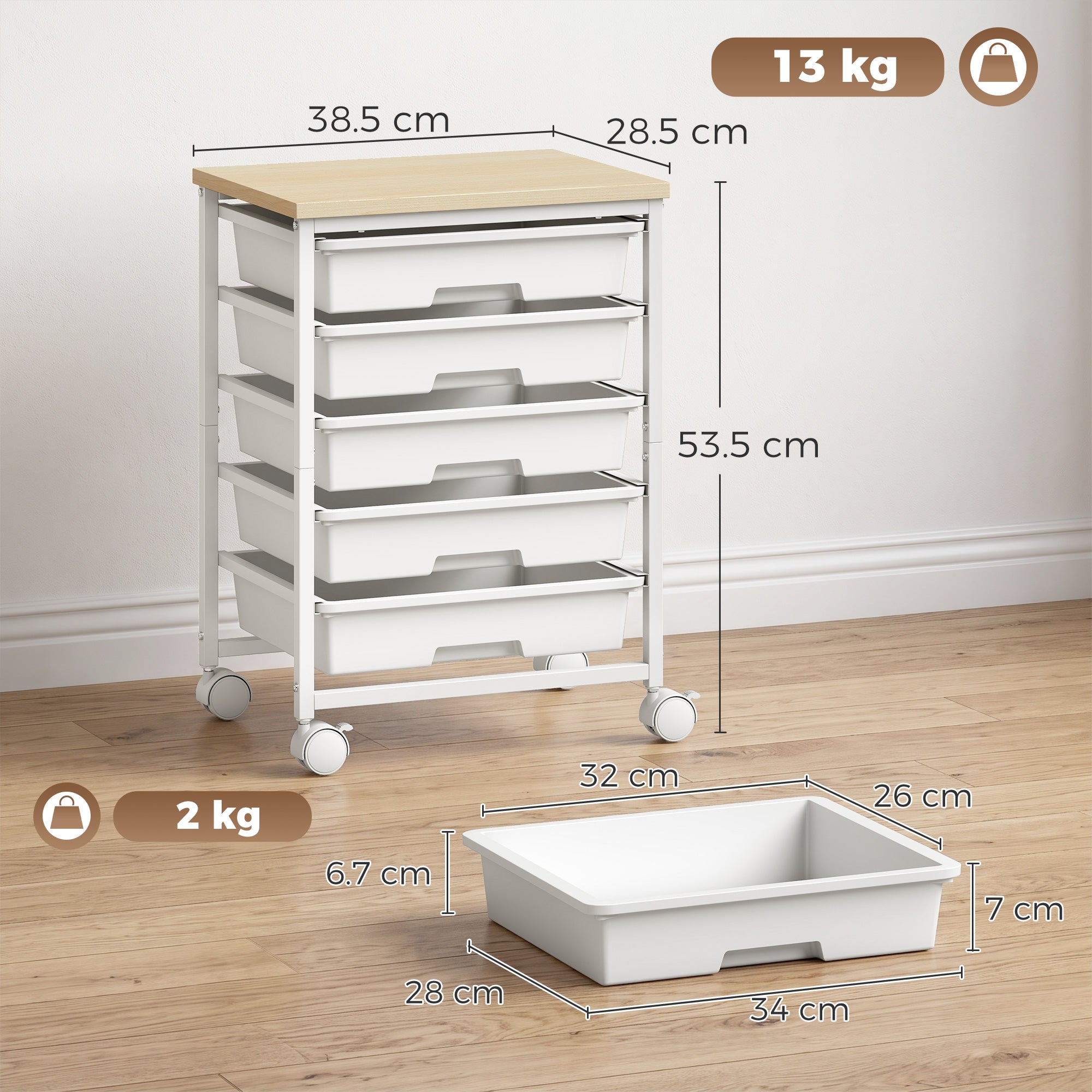 6-Tier Storage Trolley on Wheels, Metal Kitchen Rolling Cart with 5 Pull-Out Drawers, Kitchen Storage Rack for Living Room, Dining Room, Bedroom, Bathroom, White