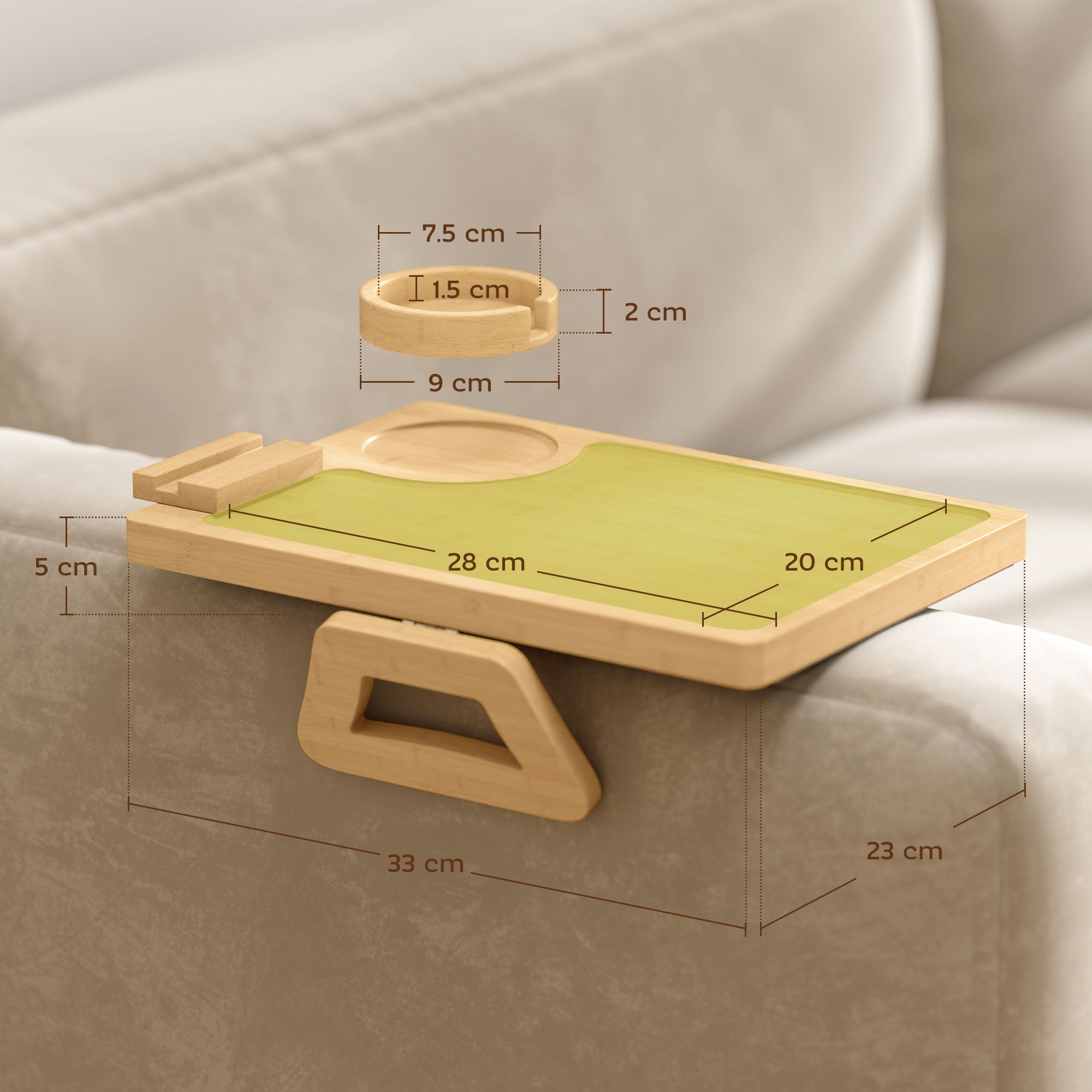 Bamboo Sofa Arm Tray, Anti-Slip Sofa Armrest Tray with 360° Phone Holder and Removable Cup Holder, Clip-On Armchair Table for Drinks, Snacks and Remote Control, Natural Wood Finish