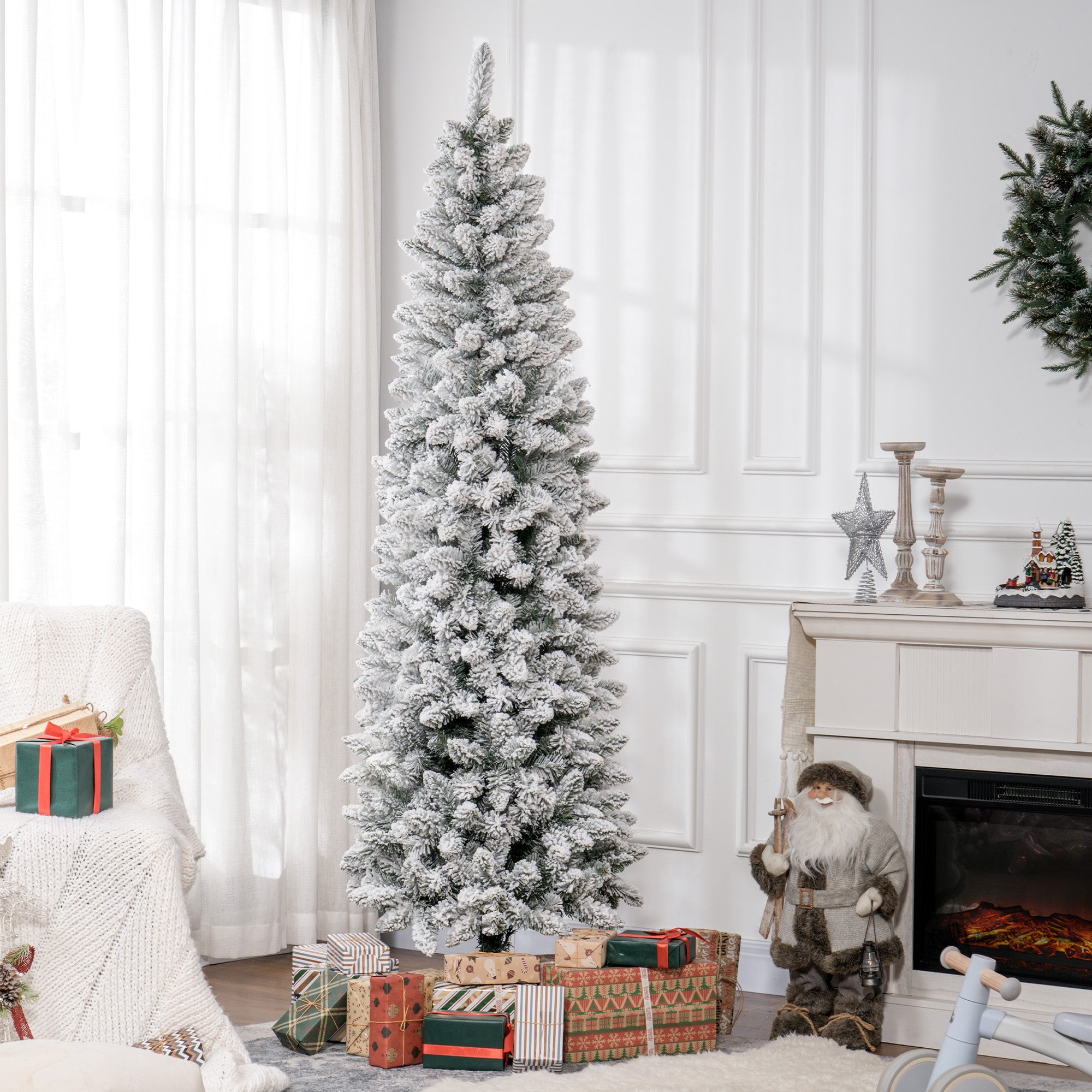 HOMCOM 7ft Tall Pencil Christmas Tree, Artificial Flocked Christmas Tree with 687 Branch Tips and Steel Base, Holiday Décor for Home Office, Green