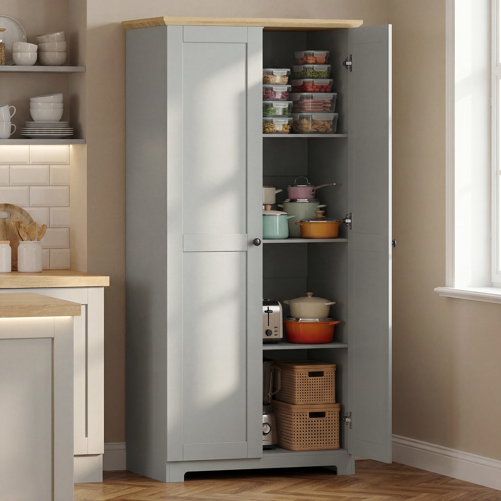172cm Kitchen Cupboard, Freestanding Storage Cabinet with Doors and Shelves, Modern 2-Door Kitchen Pantry Cupboard for Dining Room, Grey