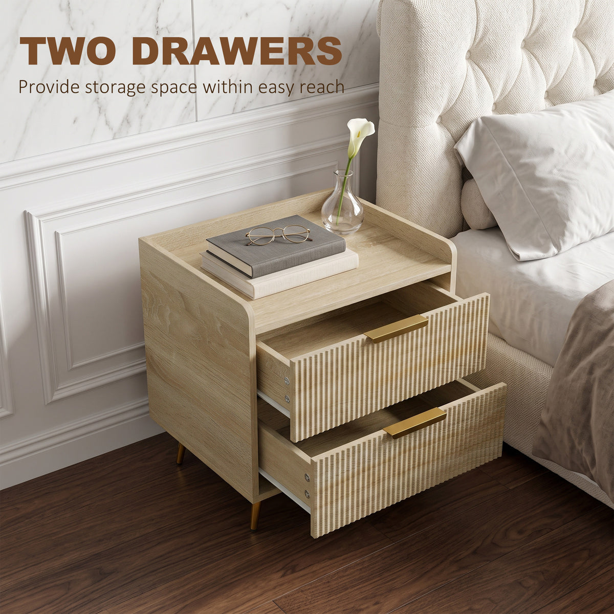 Bedside Table, Bedside Cabinet with 2 Drawers, Side End Table with Metal Legs for Bedroom Living Room, Natural Wood Finish