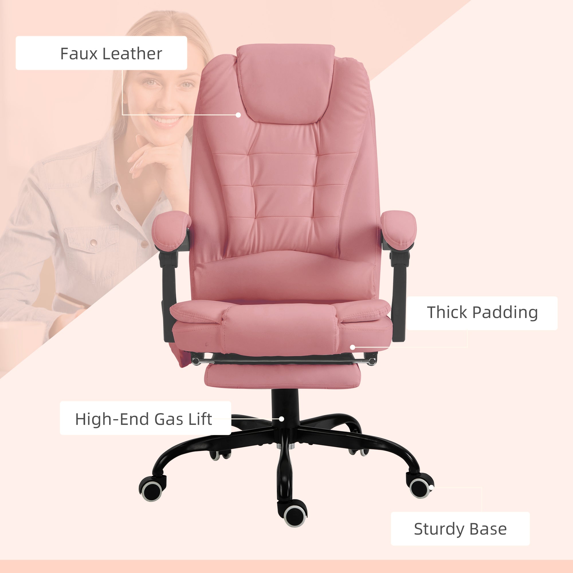 High Back Executive Office Chair with Vibration Massage Office Chair with Reclining Backrest Adjustable Height Pink