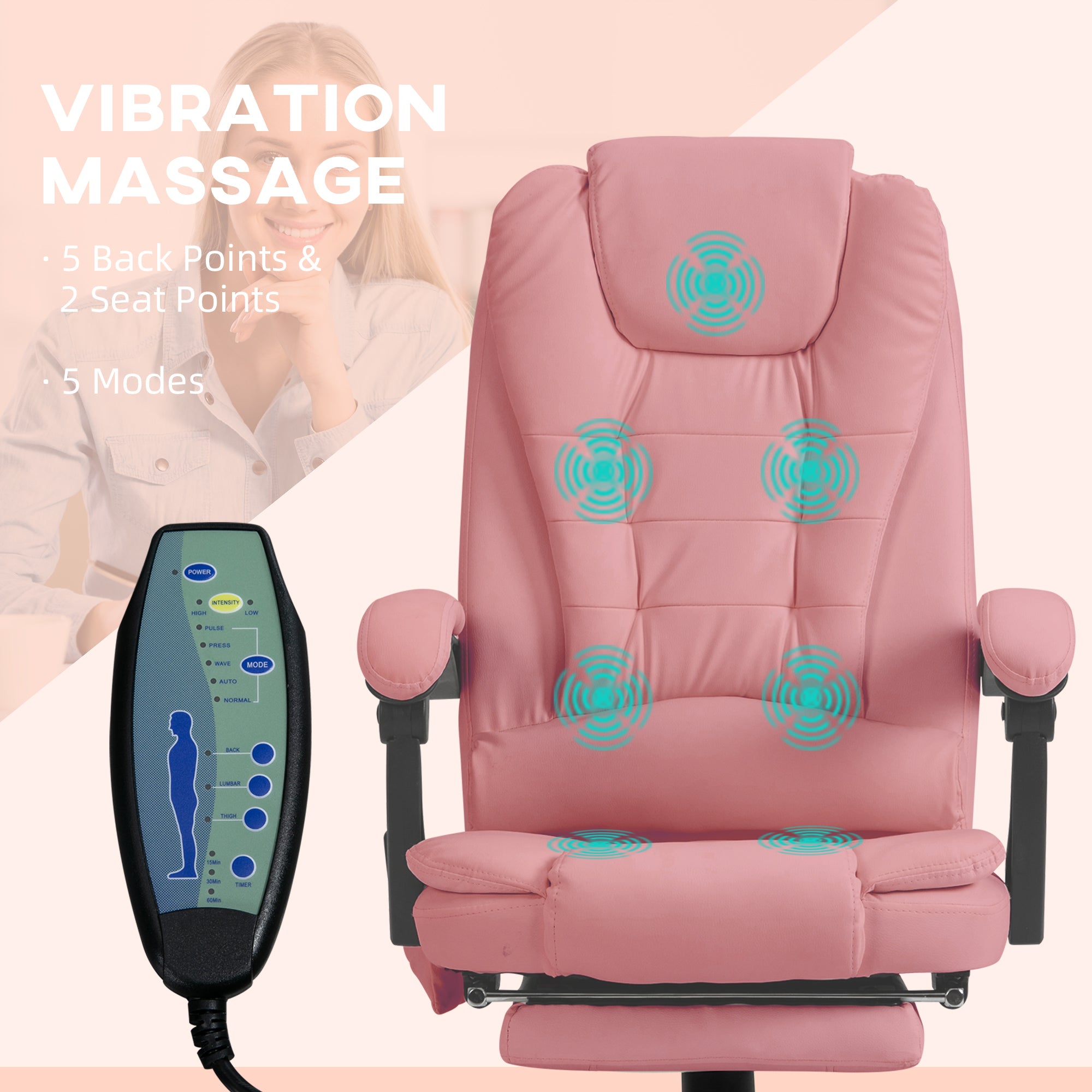 High Back Executive Office Chair with Vibration Massage Office Chair with Reclining Backrest Adjustable Height Pink