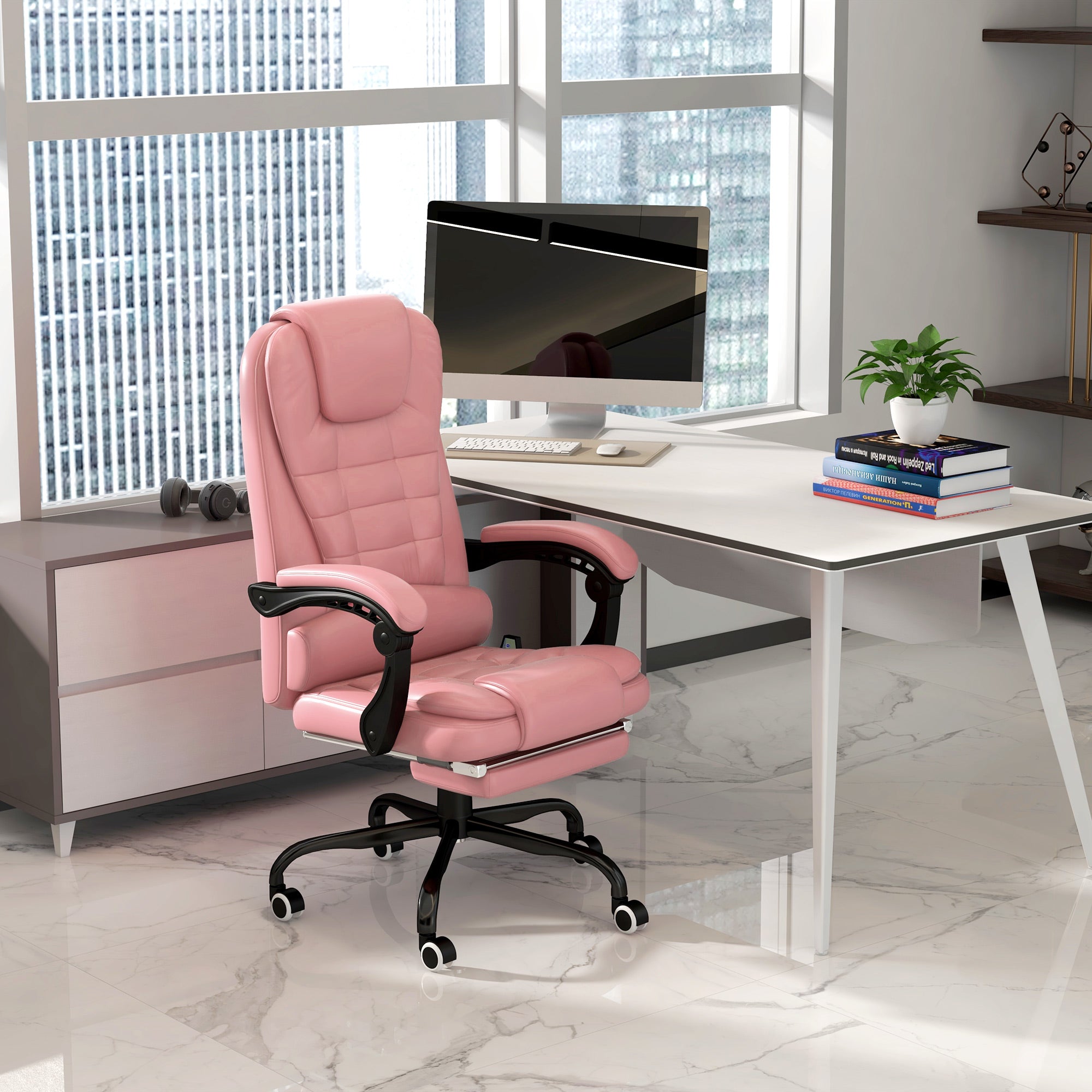 High Back Executive Office Chair with Vibration Massage Office Chair with Reclining Backrest Adjustable Height Pink