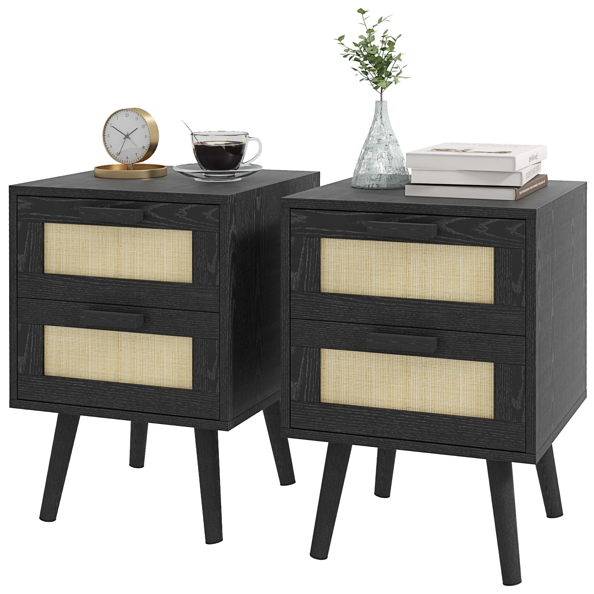 HOMCOM Boho Design Nightstand Set of 2, Side End Table with 2 Drawers, for Bedroom, Black