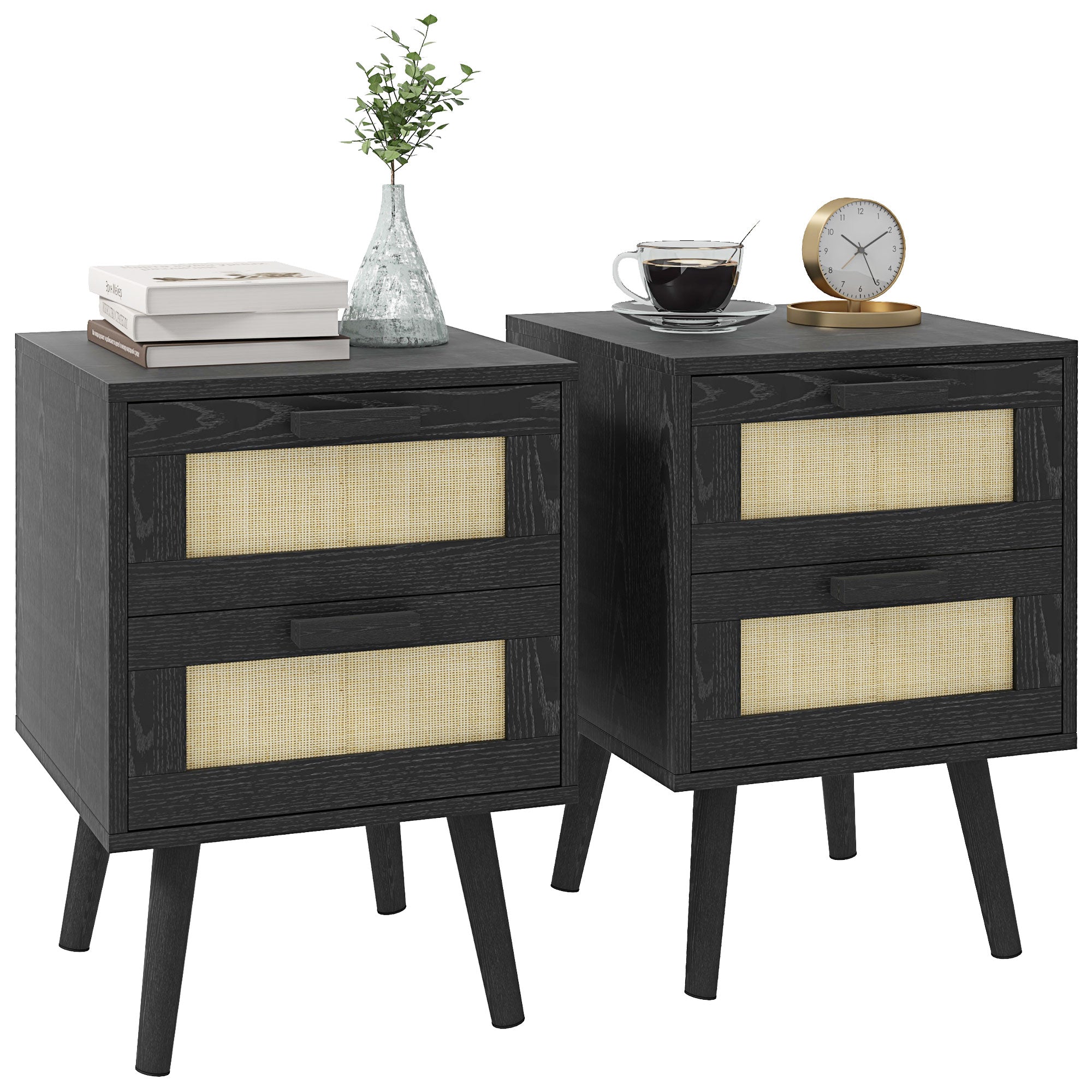 HOMCOM Boho Design Nightstand Set of 2, Side End Table with 2 Drawers, for Bedroom, Black