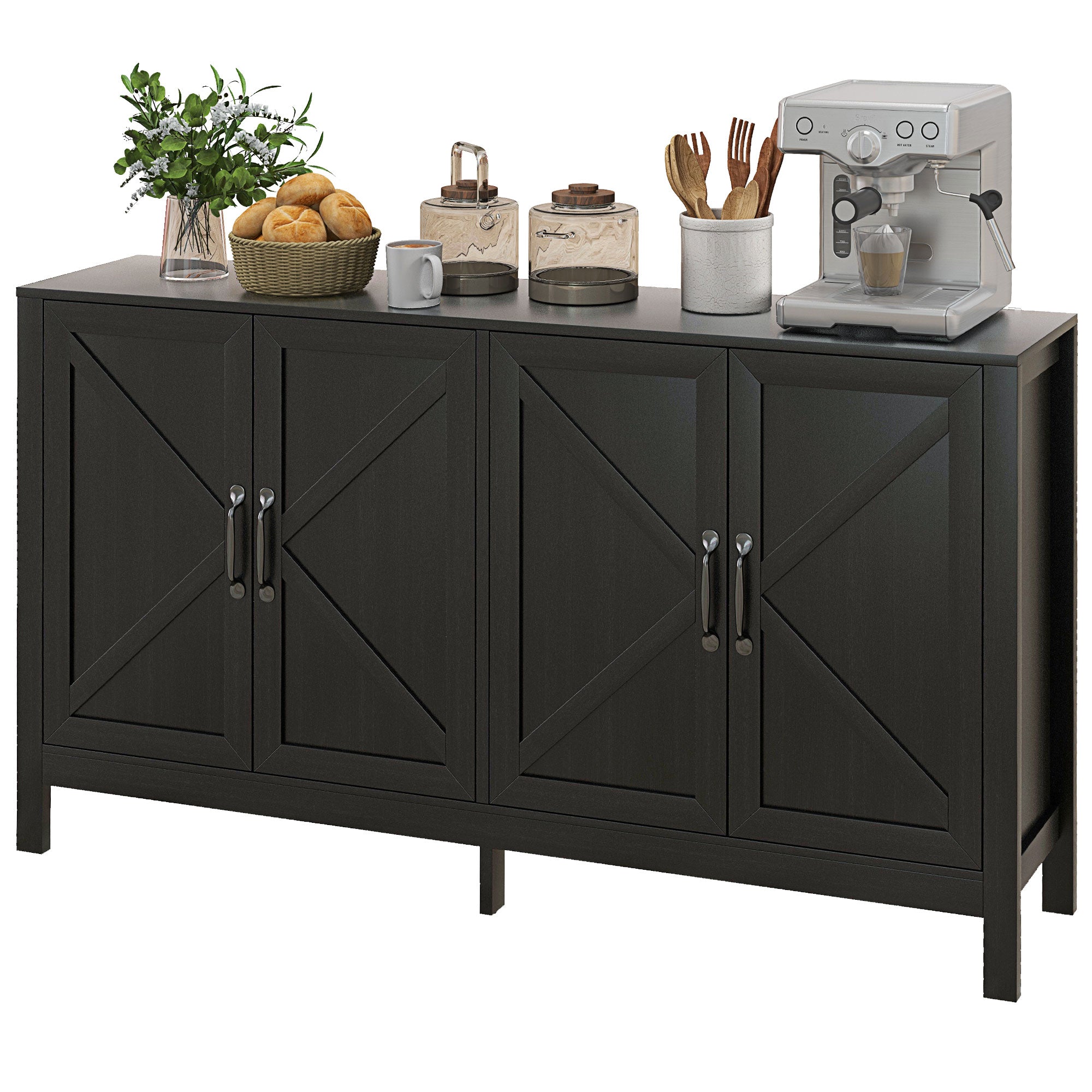 HOMCOM Kitchen Storage Cabinet, Sideboard Buffet Cabinet with 4 Barn Doors and Adjustable Shelves, Black Oak