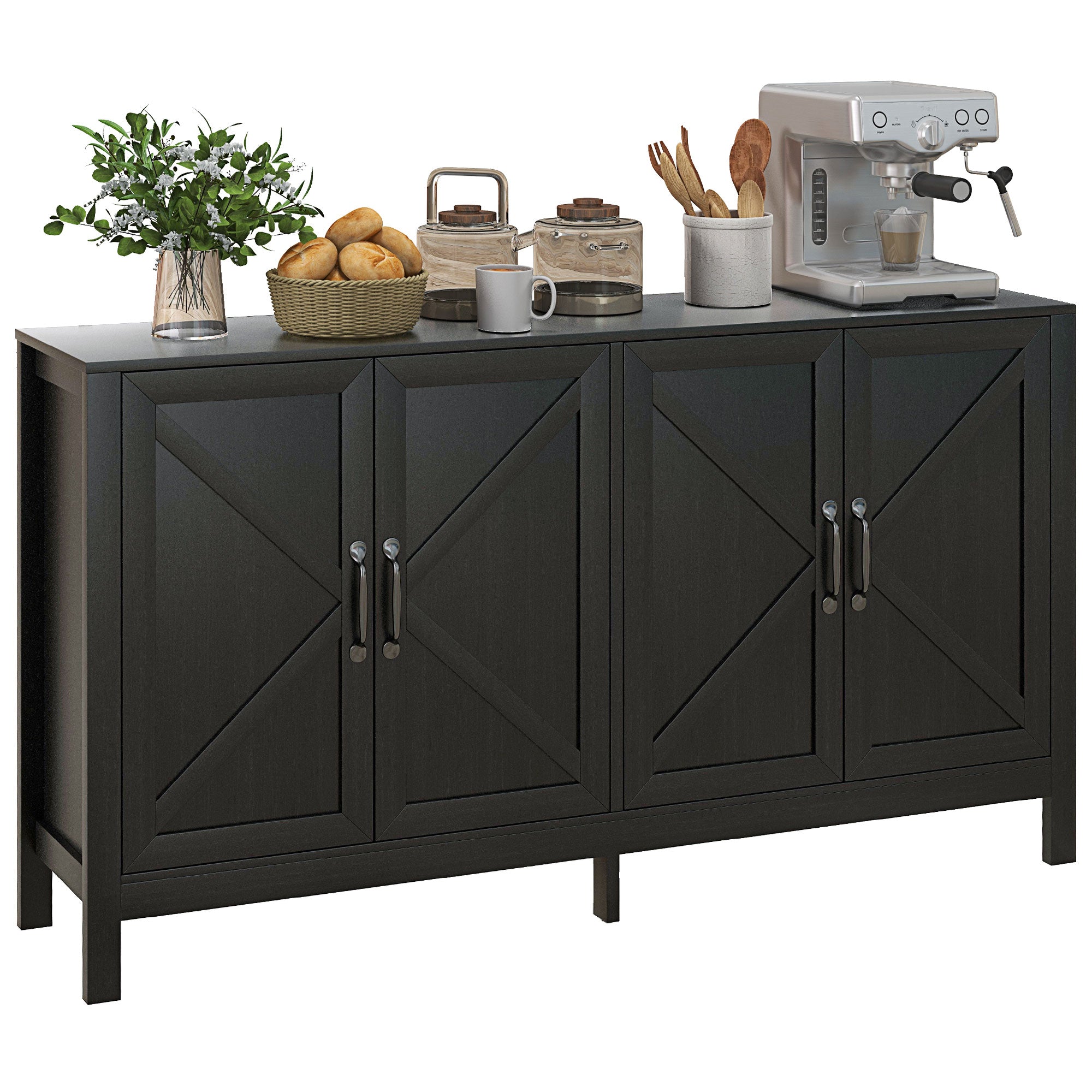 HOMCOM Kitchen Storage Cabinet, Sideboard Buffet Cabinet with 4 Barn Doors and Adjustable Shelves, Black Oak