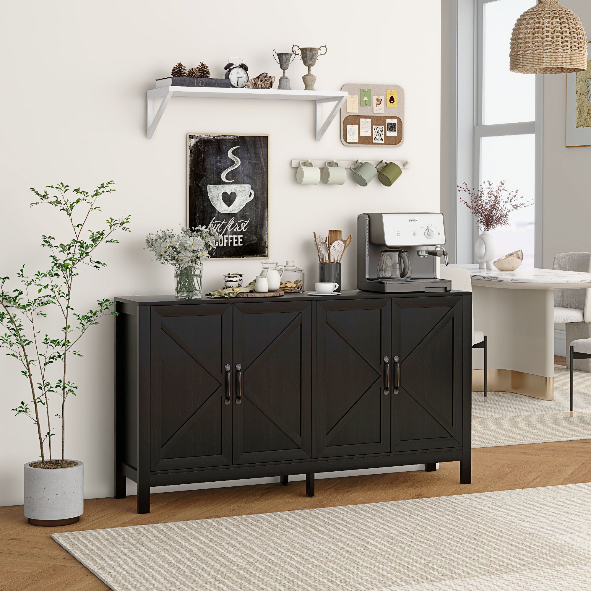 HOMCOM Kitchen Storage Cabinet, Sideboard Buffet Cabinet with 4 Barn Doors and Adjustable Shelves, Black Oak