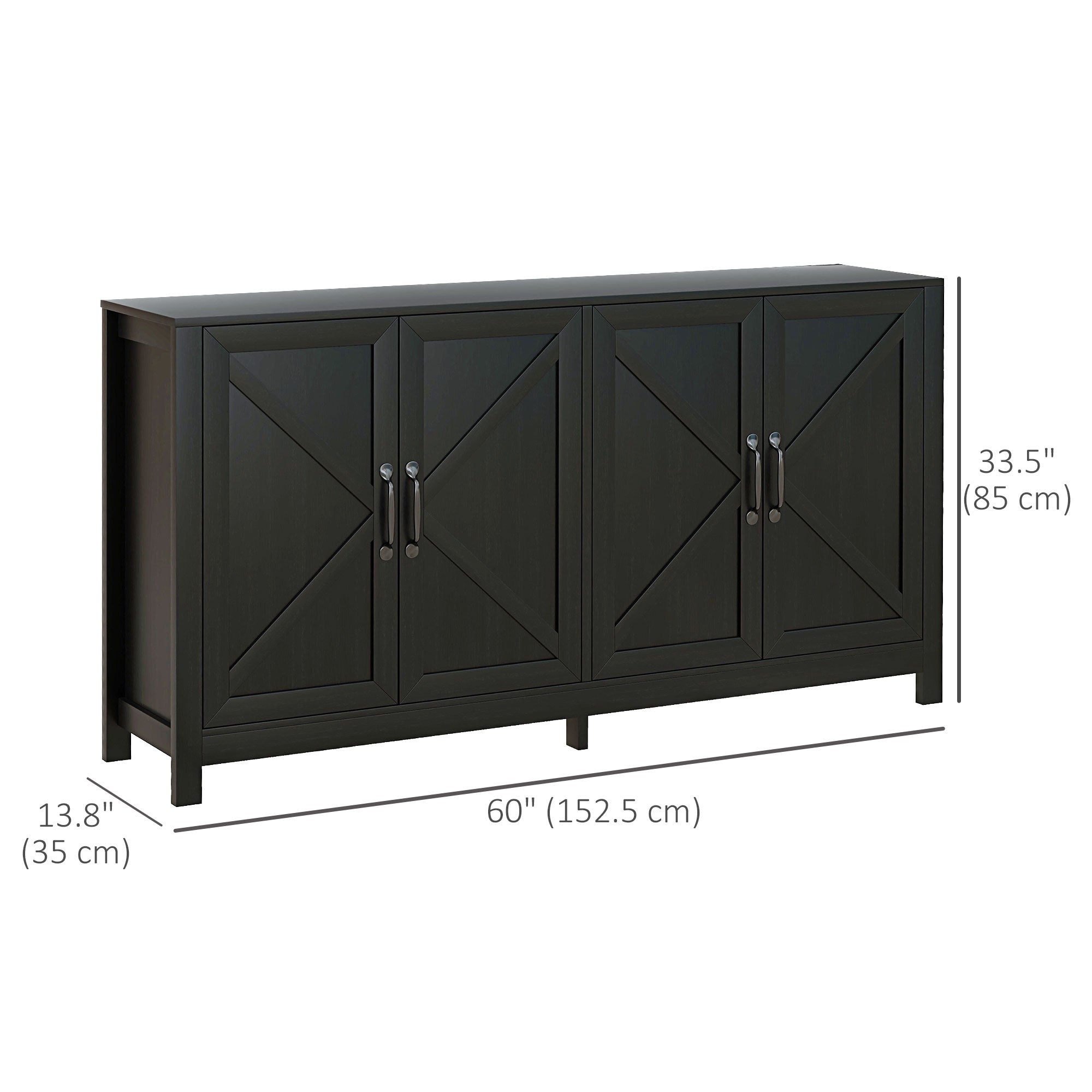 HOMCOM Kitchen Storage Cabinet, Sideboard Buffet Cabinet with 4 Barn Doors and Adjustable Shelves, Black Oak