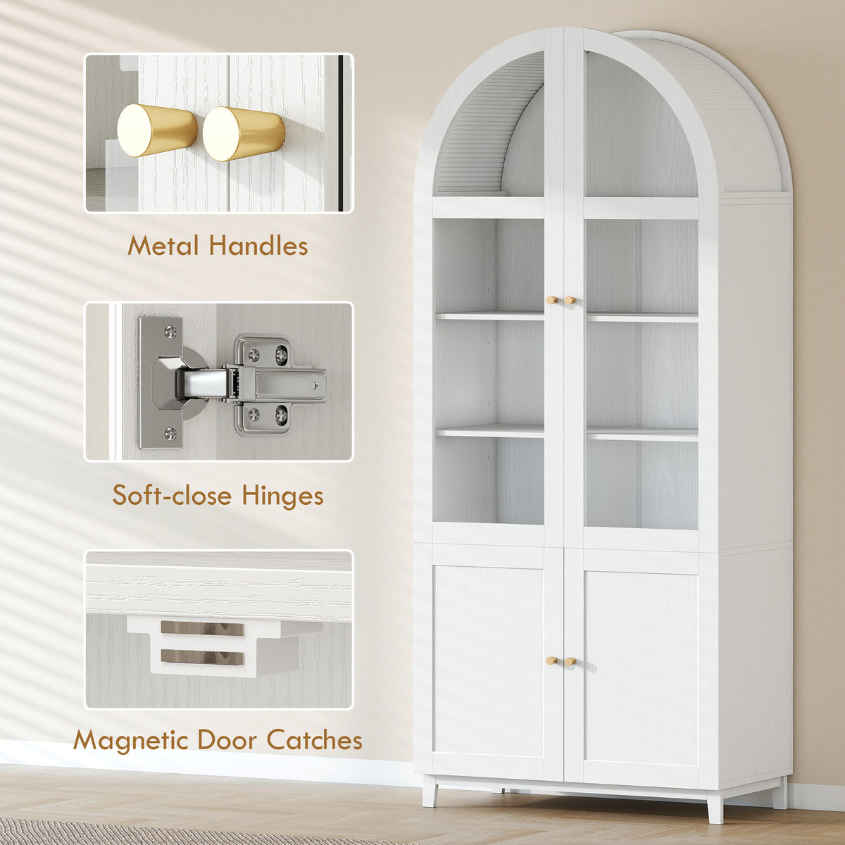 71" Tall Arched Kitchen Pantry Cabinet, Farmhouse Freestanding Kitchen Storage Cabinet with Adjustable Shelves, Acrylic Glass Doors for Living Room, Dining Room, White