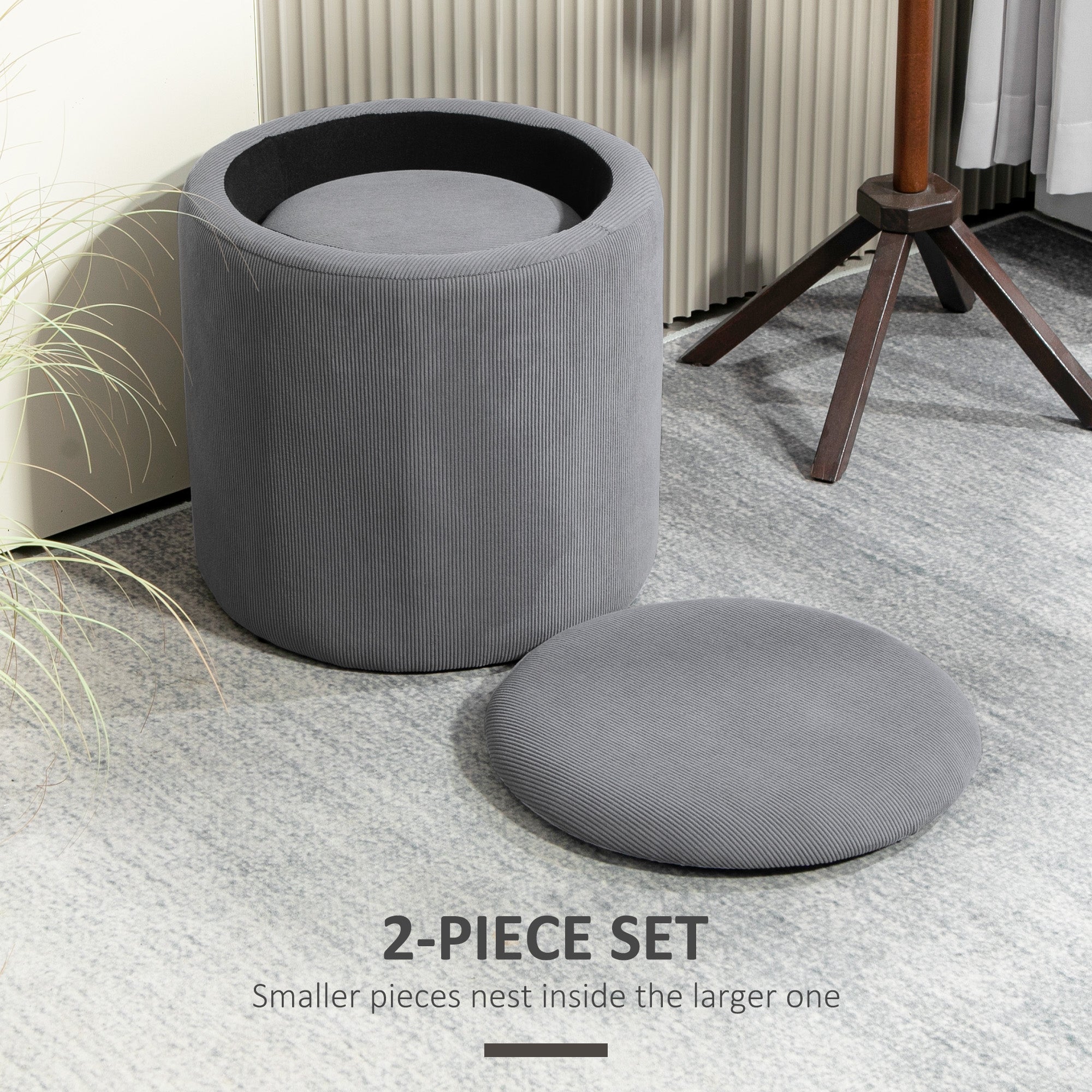 HOMCOM Modern Storage Ottoman with Removable Lid, Fabric Storage Stool, Foot Stool, Dressing Table Stool, Set of 2, Light Grey