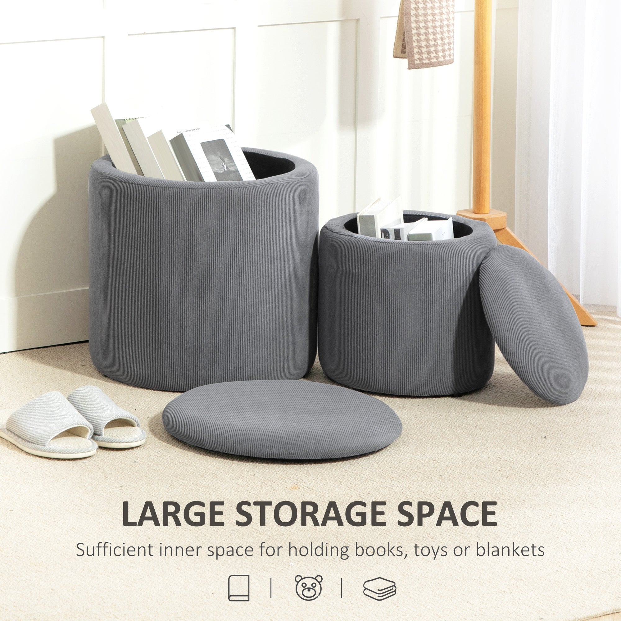 HOMCOM Modern Storage Ottoman with Removable Lid, Fabric Storage Stool, Foot Stool, Dressing Table Stool, Set of 2, Light Grey