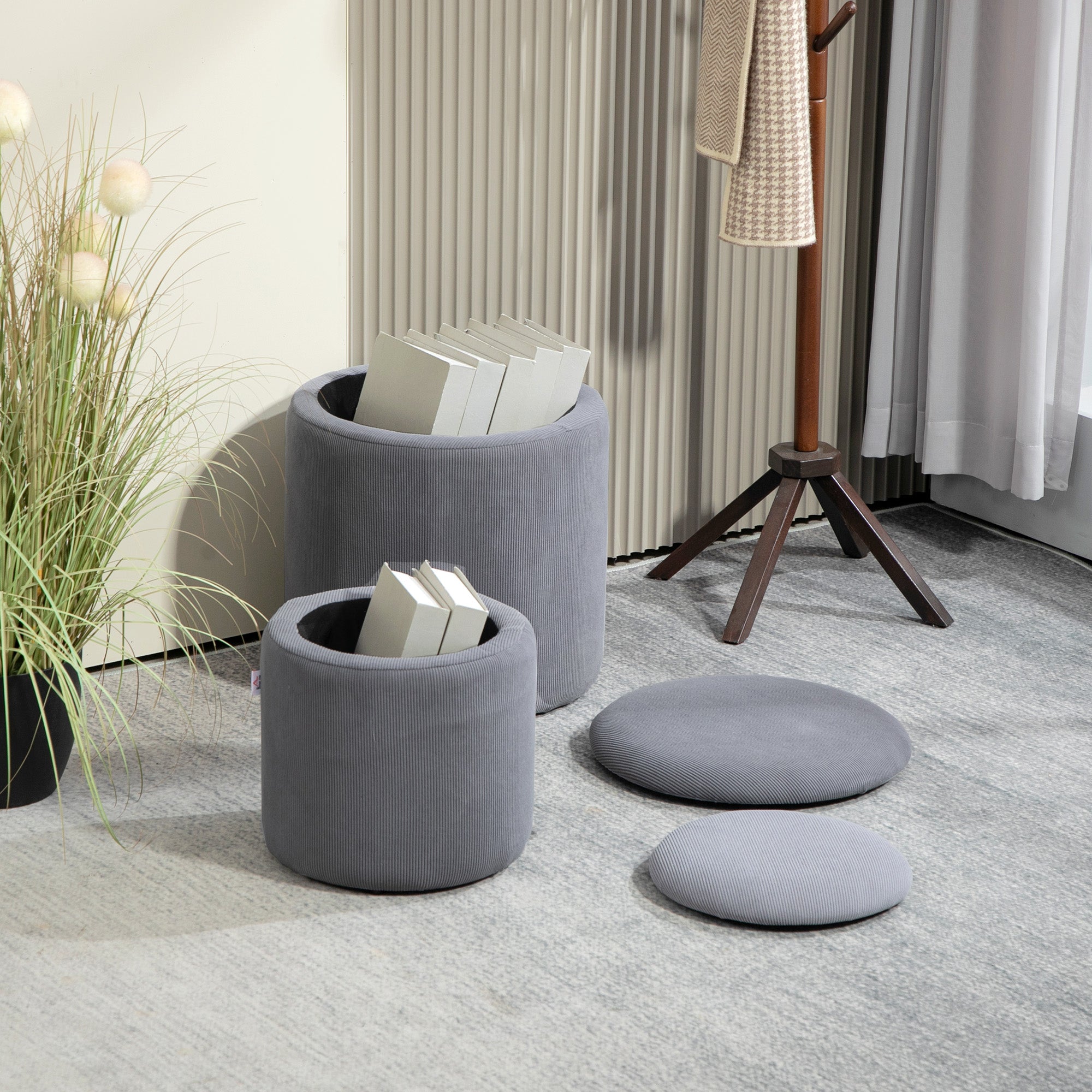 HOMCOM Modern Storage Ottoman with Removable Lid, Fabric Storage Stool, Foot Stool, Dressing Table Stool, Set of 2, Light Grey