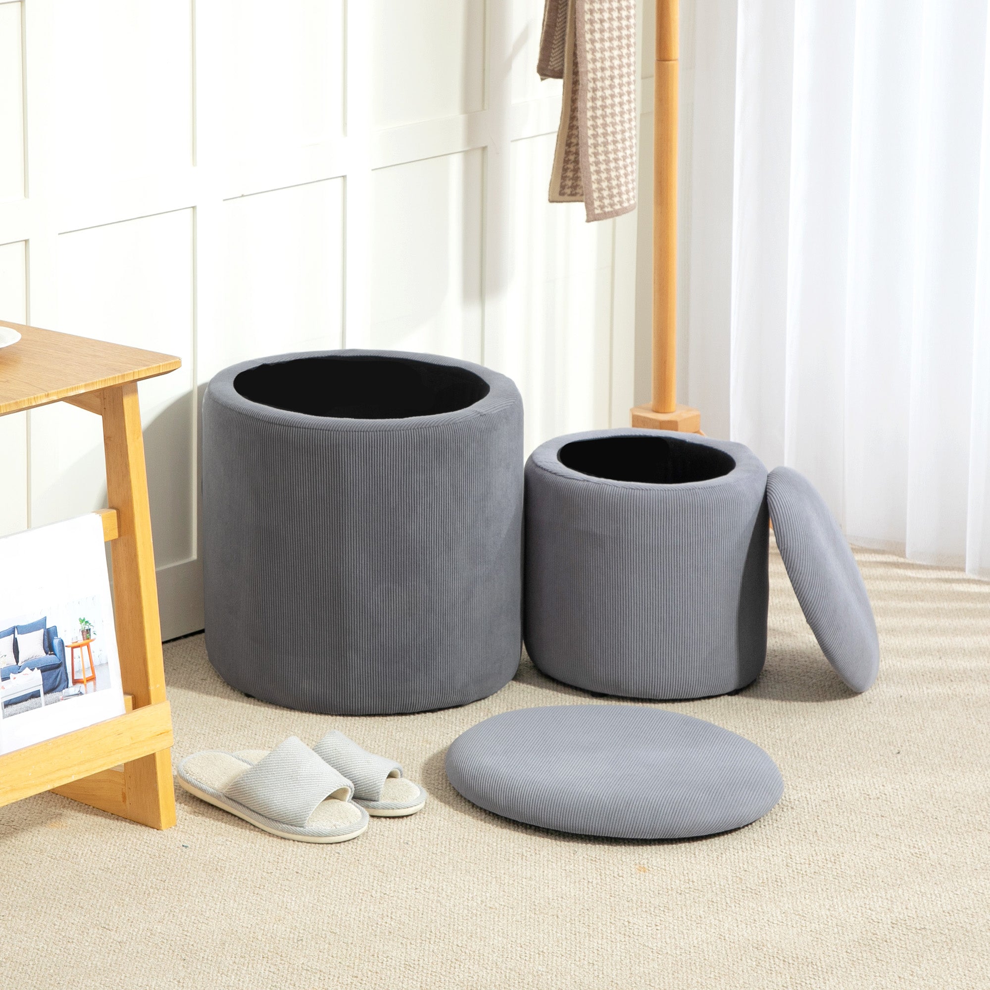 HOMCOM Modern Storage Ottoman with Removable Lid, Fabric Storage Stool, Foot Stool, Dressing Table Stool, Set of 2, Light Grey