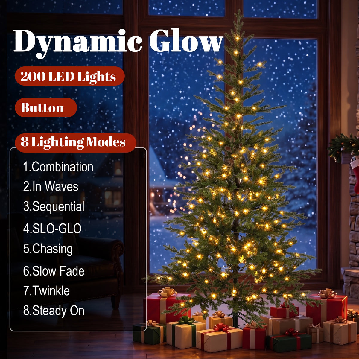 6ft Prelit Sparse Christmas Tree, Artificial Downswept Hinged Xmas Tree with 200 Warm White LED Lights, 8 Modes, 1577 Tips, Metal Stand, Green